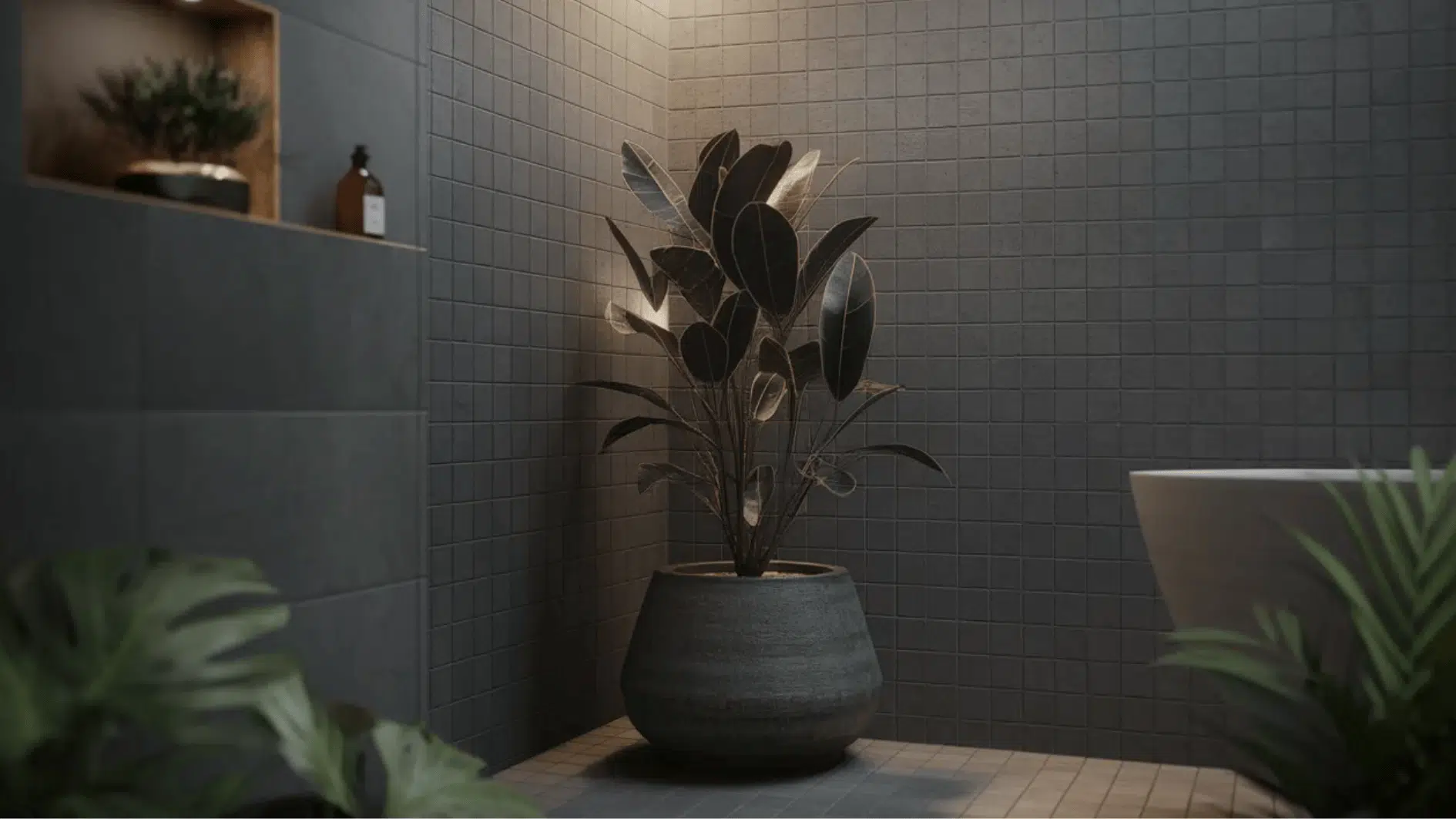cast iron plant in dark pot placed in tiled bathroom corner with soft lighting near bathtub and wall shelf decor