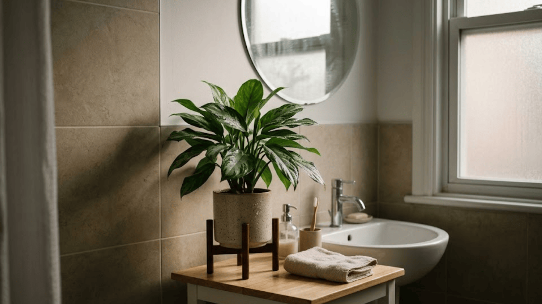 chinese evergreen plant on wooden stand beside bathroom sink with mirror, soap dispenser, and folded towel near window