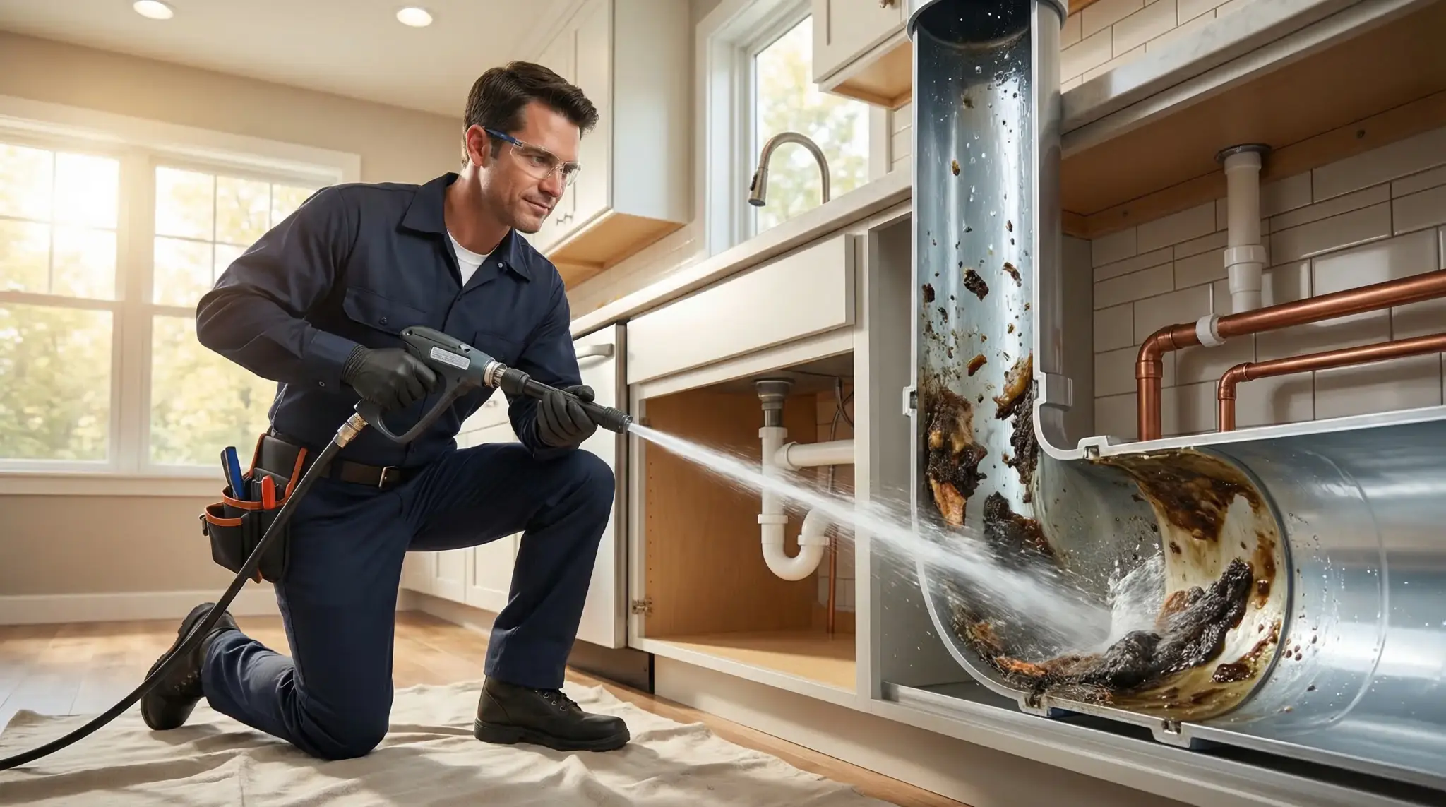 Plumber using hydro jet to clean clogged kitchen pipe in modern interior setting