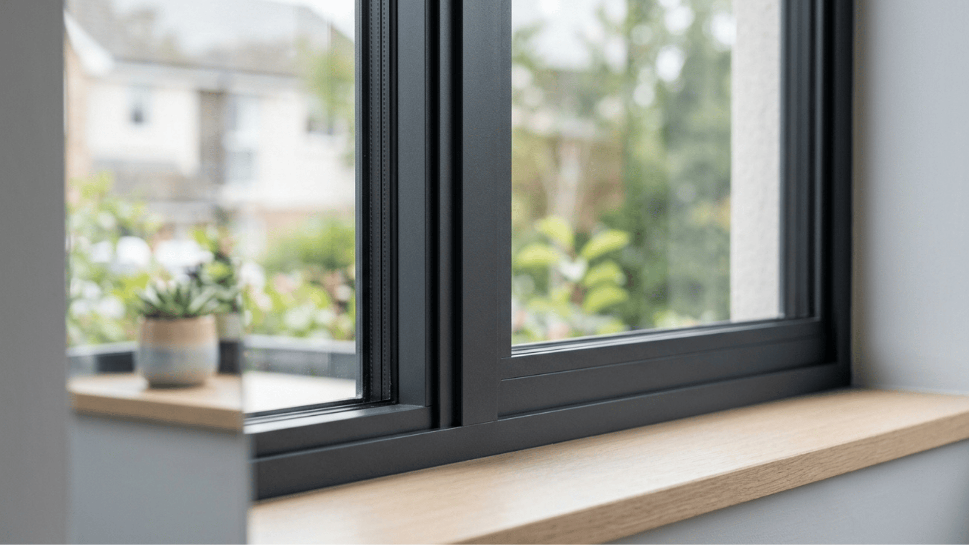 close up black aluminum window frame insulated glass modern home detail