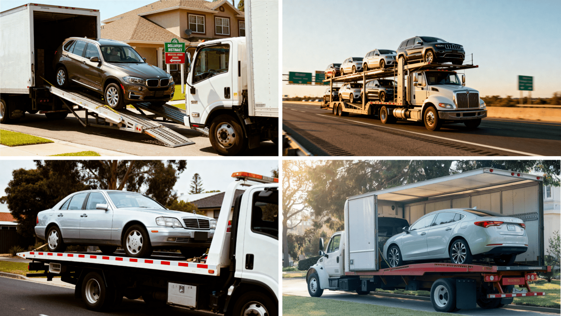 collage of car transport services showing vehicle loading, carrier truck on highway, and flatbed delivery trucks in action