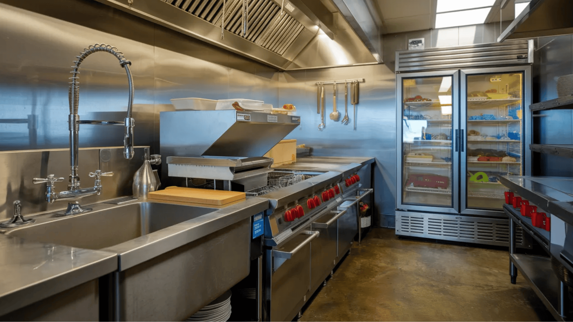 commercial kitchen with stainless steel counters, sink, stove, and glass-door refrigerator storing food items