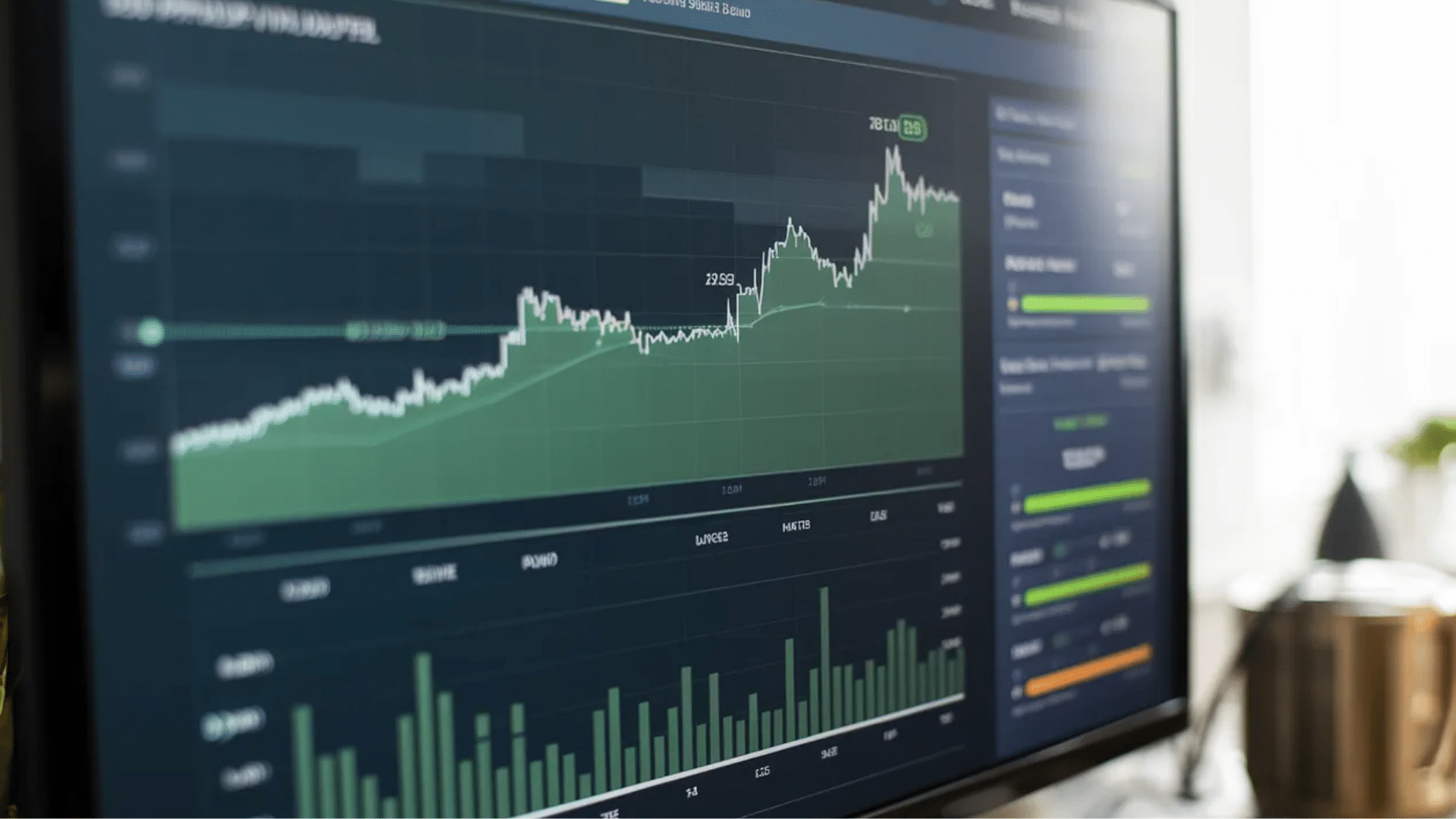 computer screen displaying financial charts, stock trends, and data analytics with rising graph lines and bar charts