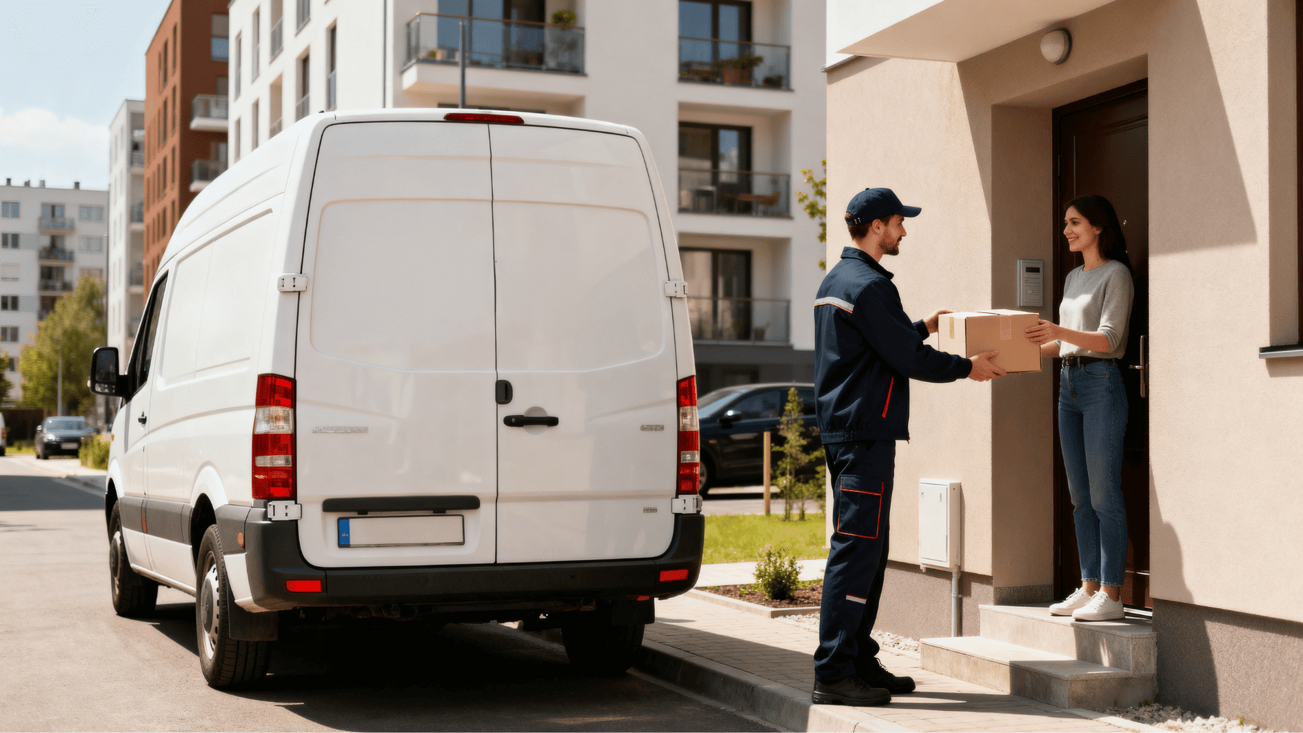 delivery driver handing package to customer at doorstep with van parked outside, representing last mile delivery service