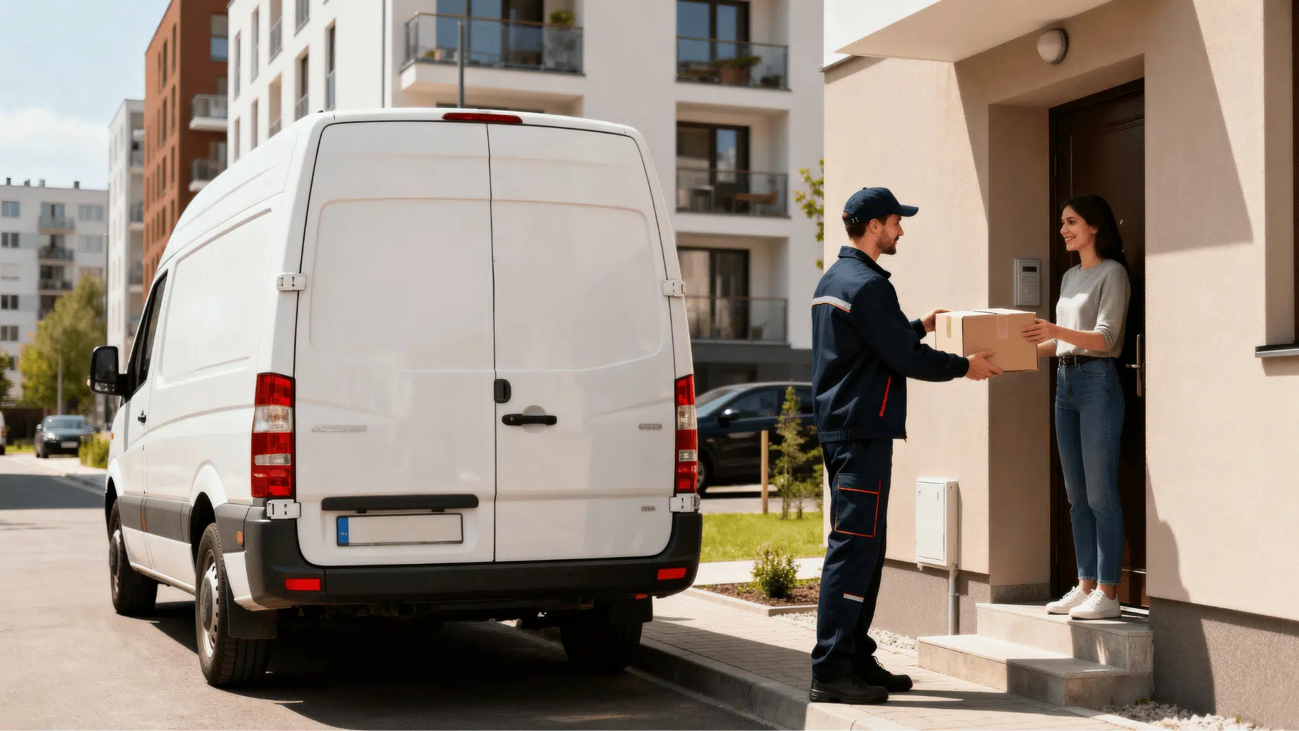 delivery driver handing package to customer at doorstep with van parked outside, representing last mile delivery service