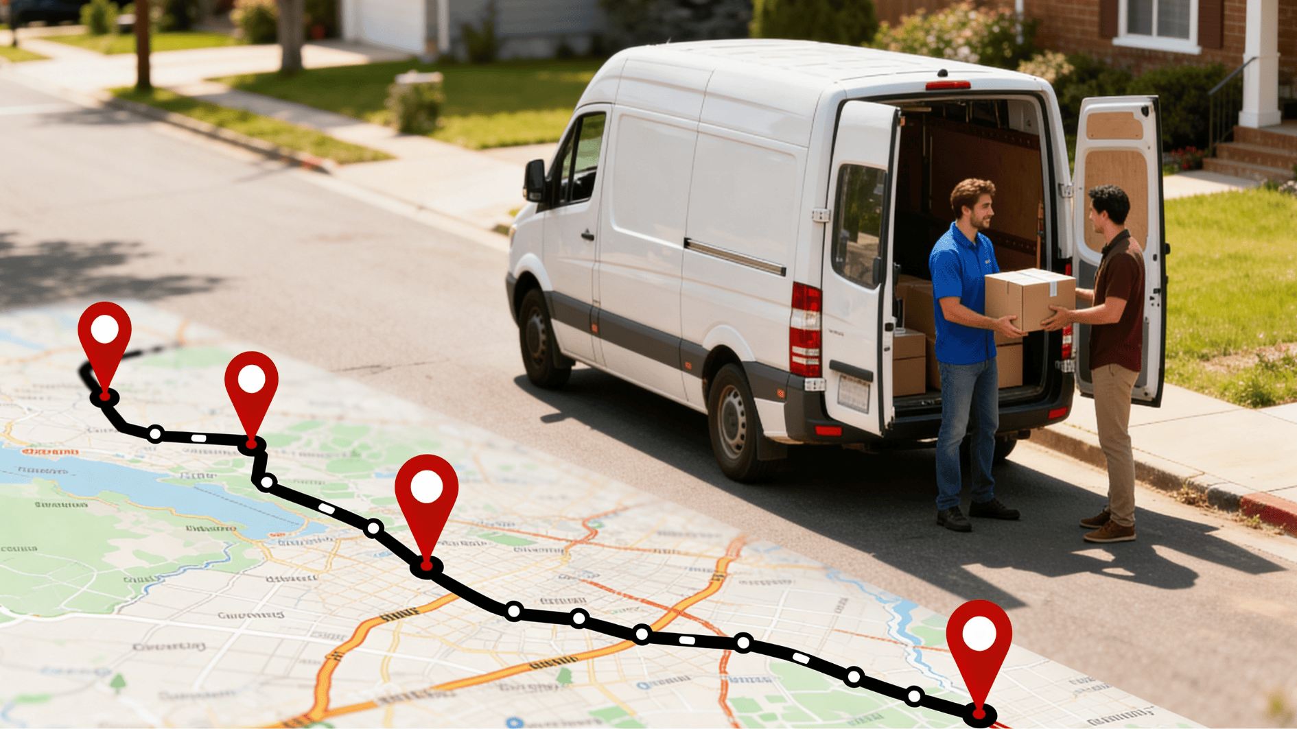 delivery van with workers exchanging package and route map overlay with location pins, showing last mile logistics process
