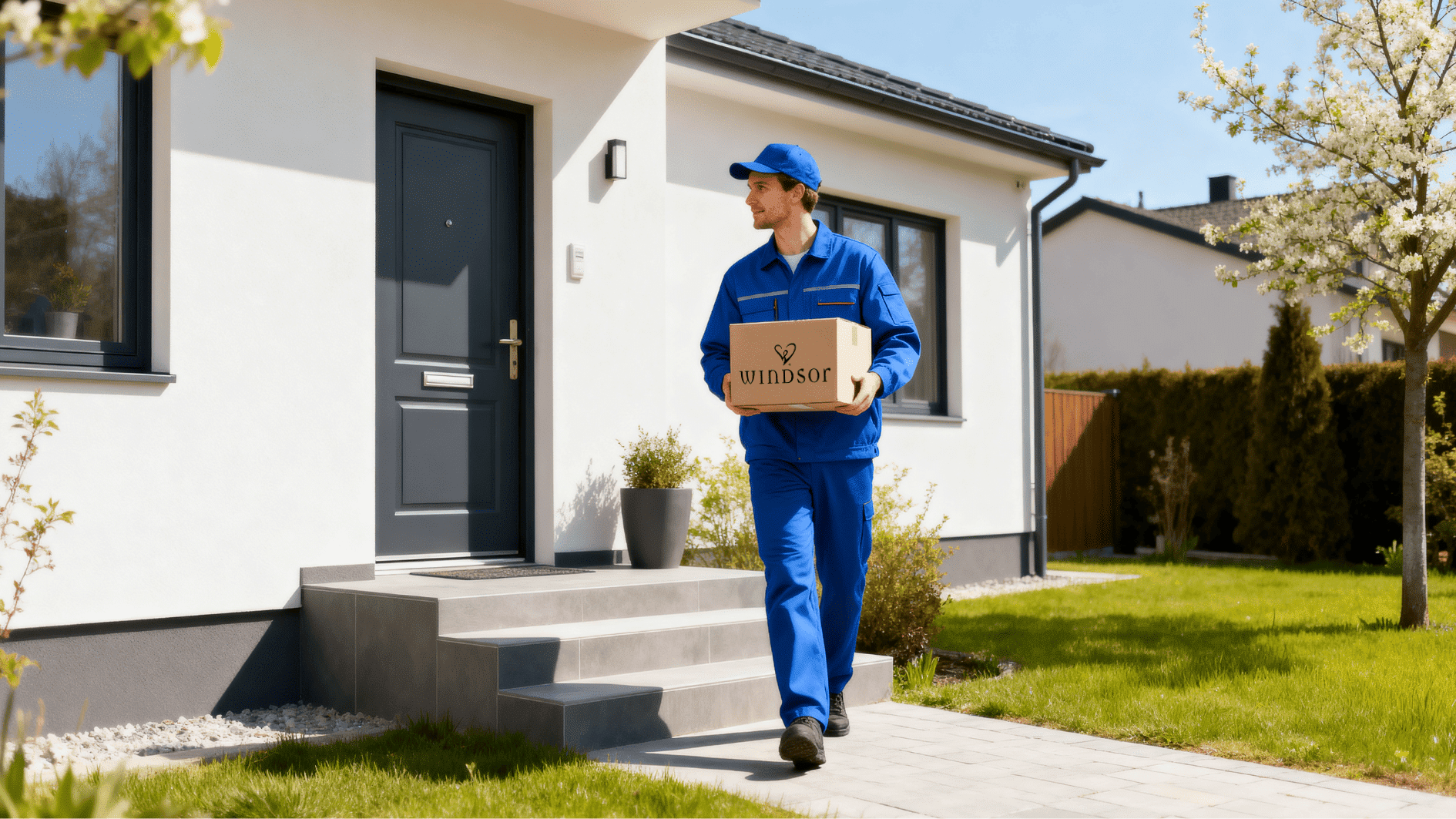 delivery worker carrying package walking away from modern home after successful doorstep parcel delivery