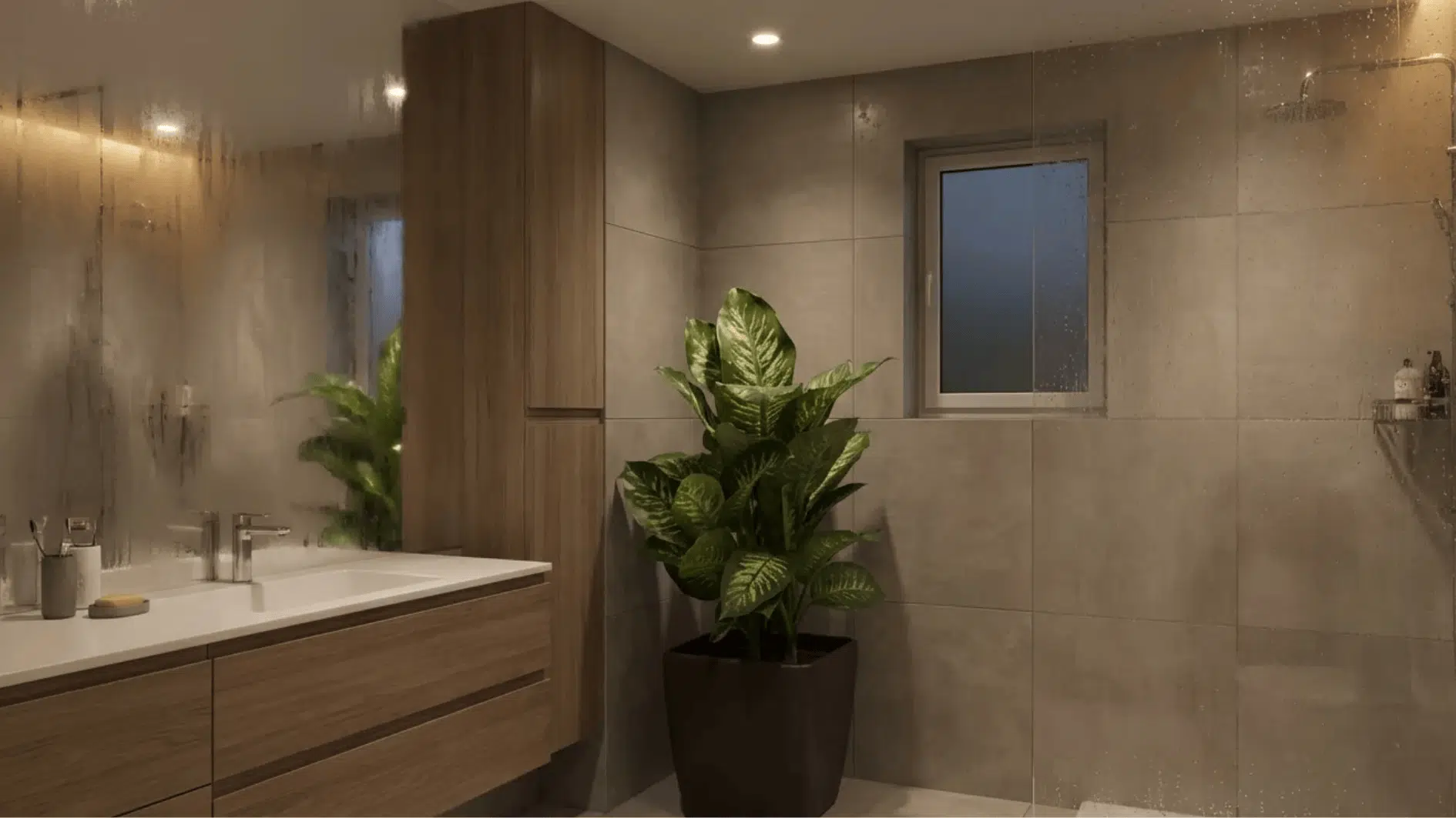 dieffenbachia dumb cane plant in floor pot beside modern bathroom shower and vanity, lush variegated leaves adding greenery