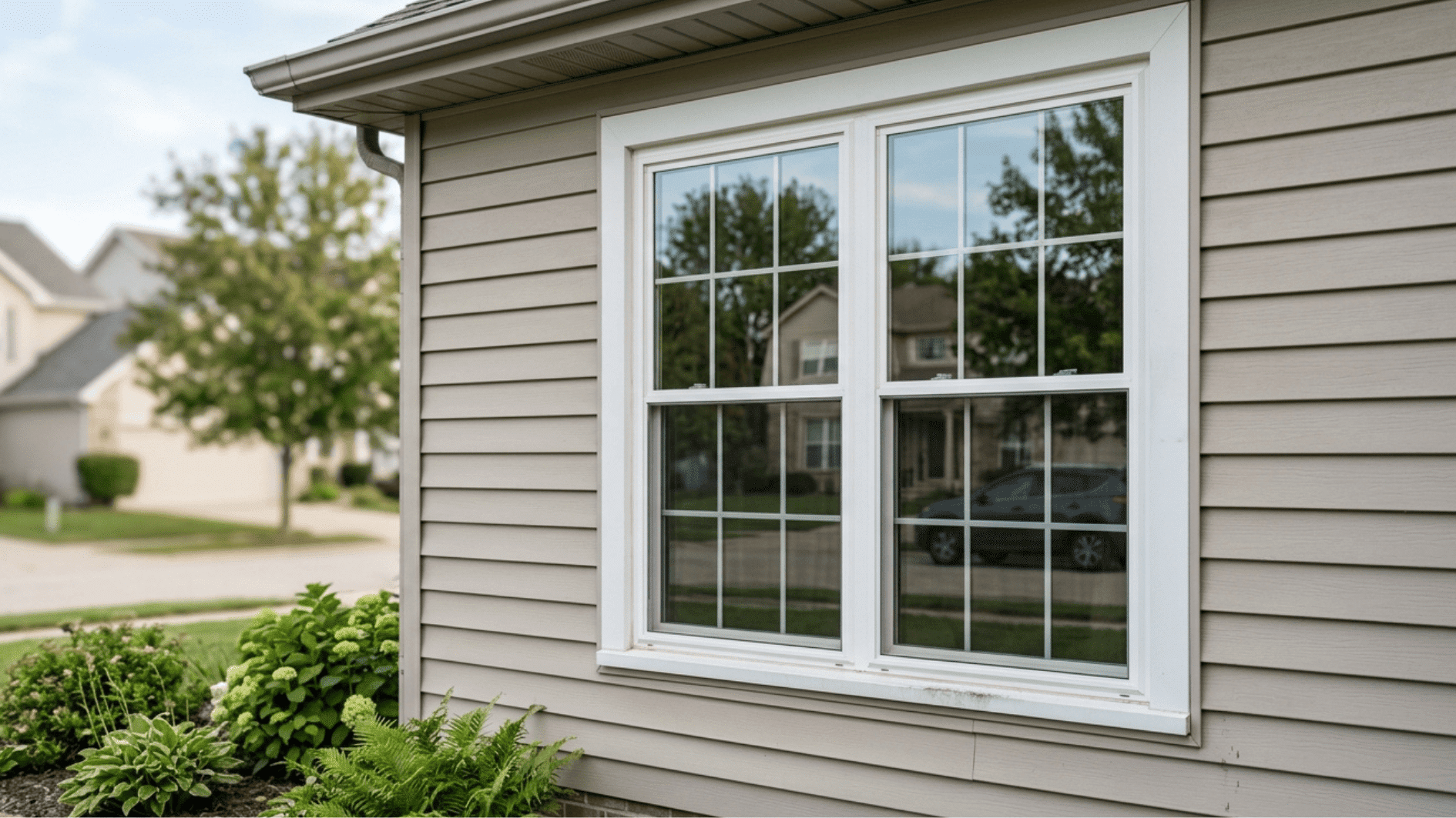 double hung vinyl windows suburban home exterior energy efficient white frame