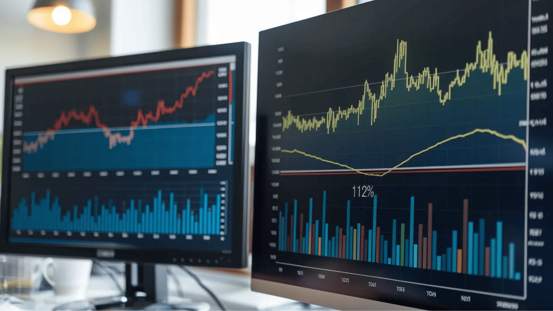 dual monitors showing stock market charts, line graphs, and bar data analytics in a modern office workspace