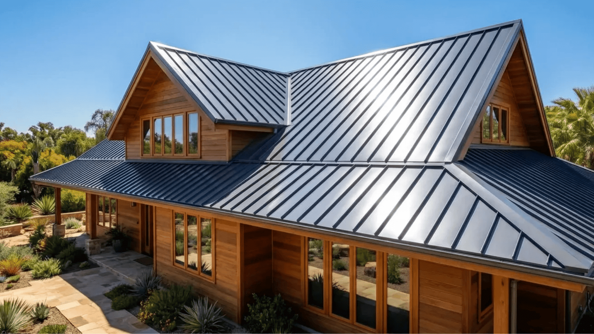 energy-efficient metal roof installed on modern wooden home designed to reflect heat and reduce cooling costs in warm climates