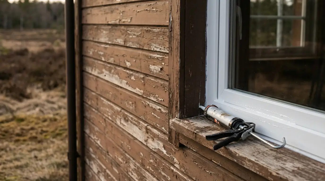 Caulk gun resting on weathered wooden window sill of rustic cabin exterior
