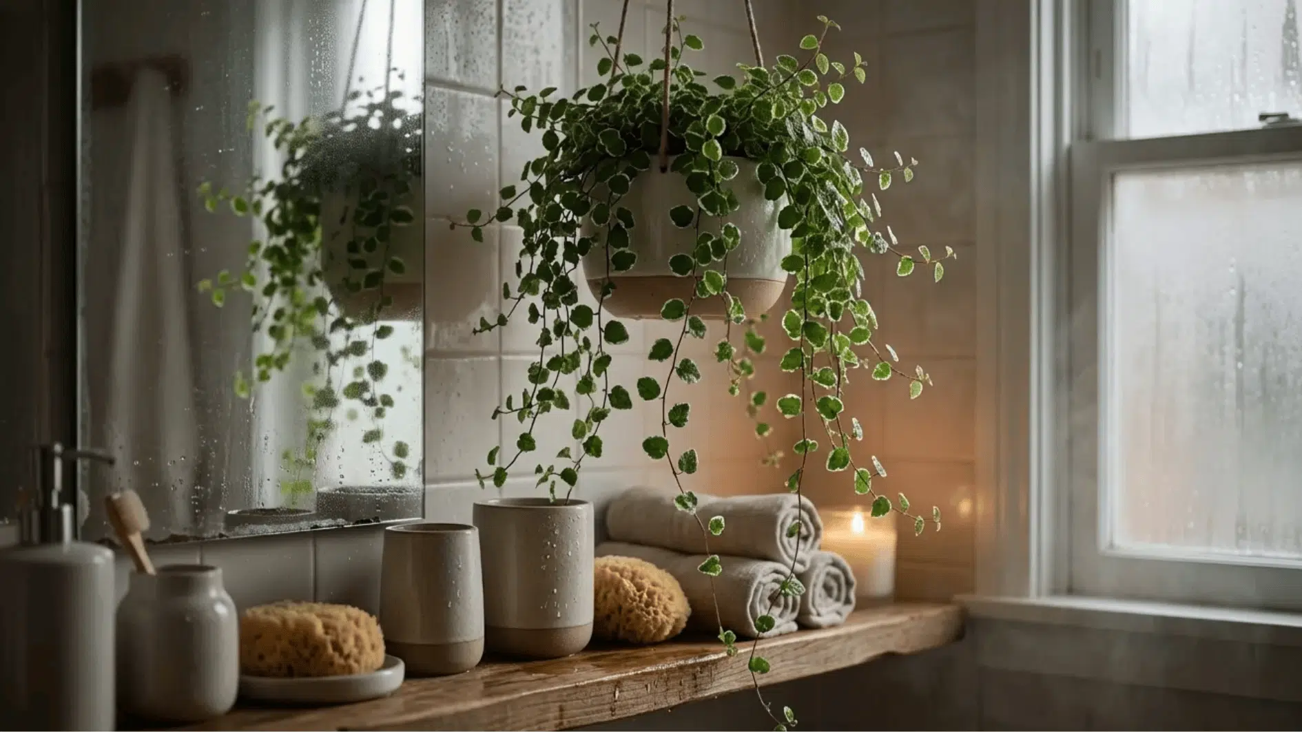 ficus pumila creeping fig in hanging planter above bathroom shelf, delicate trailing vines beside mirror and window