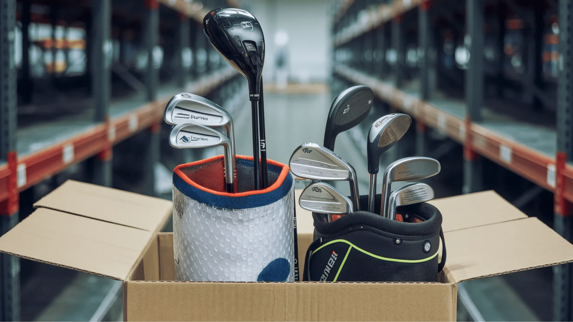golf clubs packed in a cardboard shipping box in a warehouse aisle ready for shipment with golf bag and padding securely