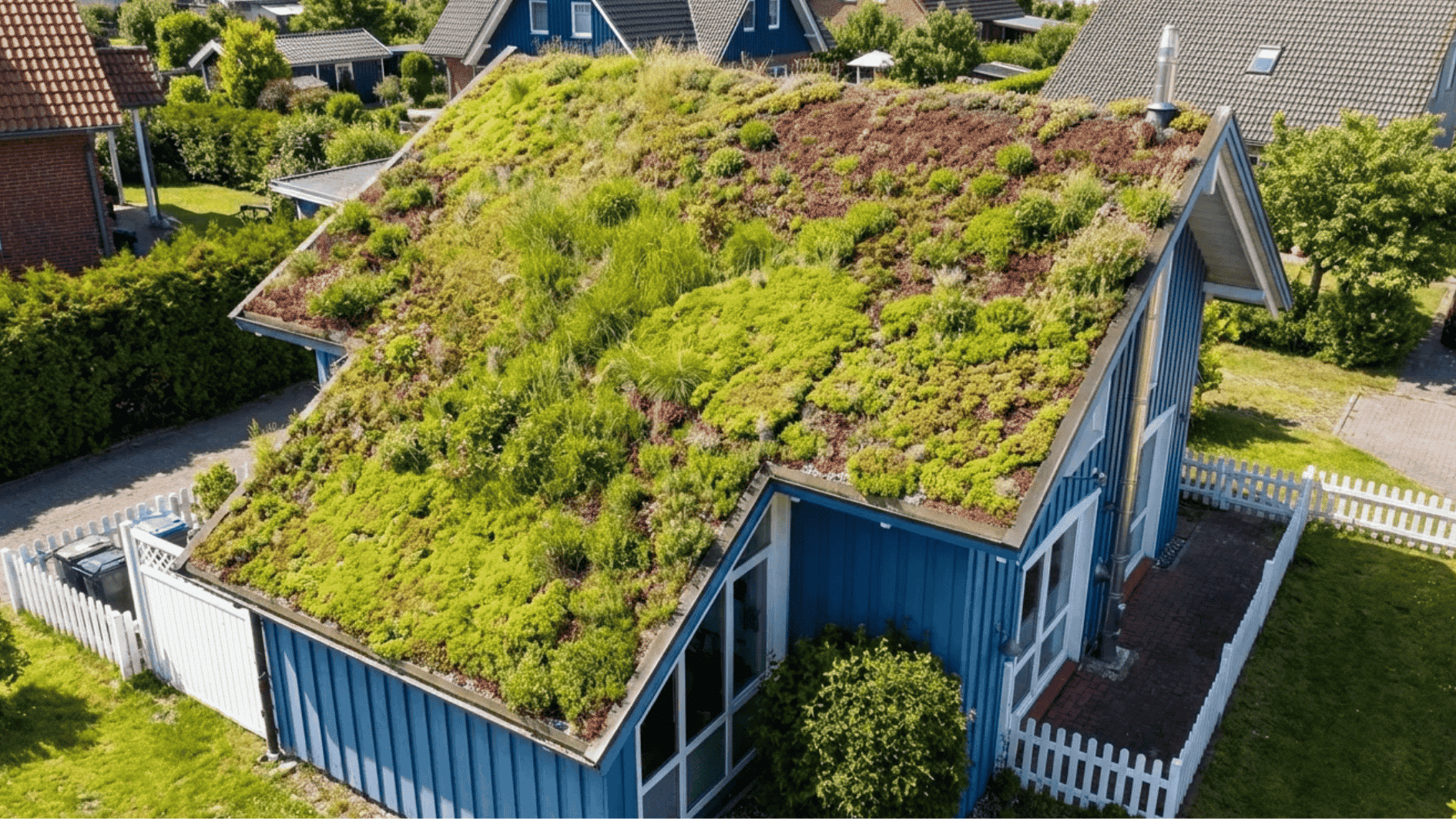 green living roof with plants and vegetation installed on a house to improve insulation and boost energy efficiency
