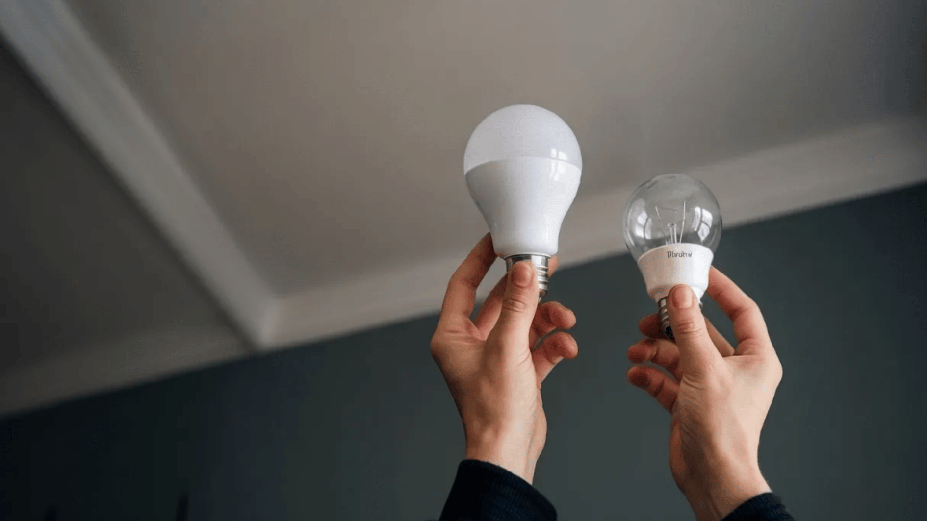 hands holding led and incandescent light bulbs, comparing energy-efficient lighting options indoors