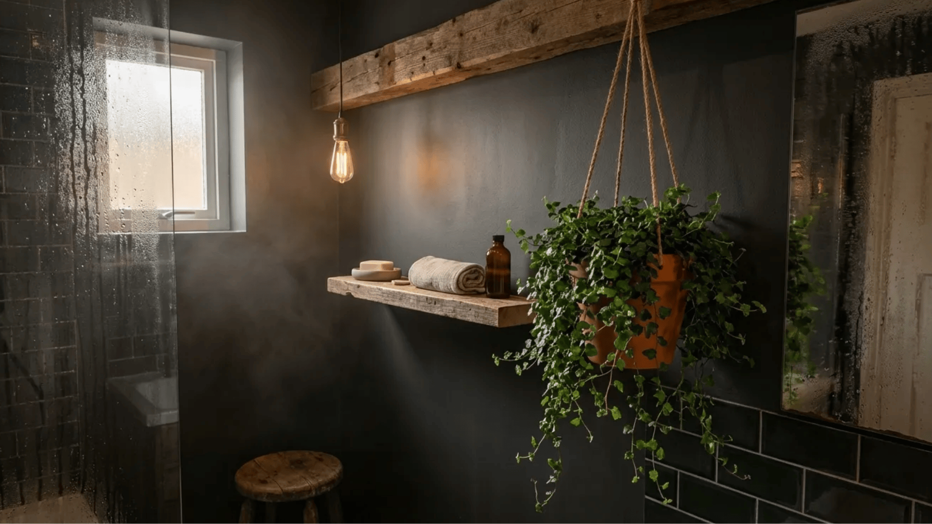 hanging creeping fig plant in rustic bathroom with wooden shelf, towel, glass shower, window light, and vintage bulb decor