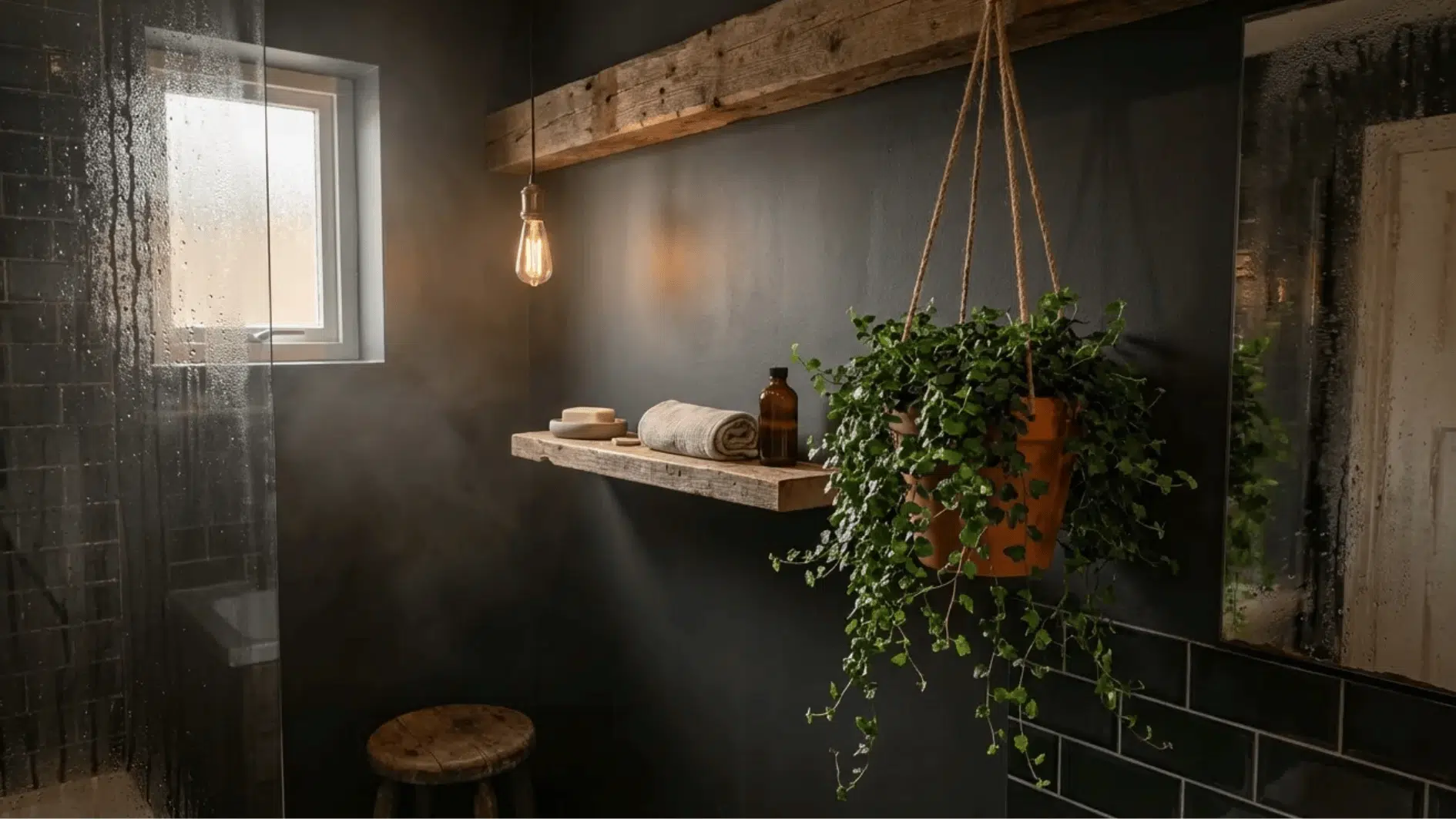 hanging creeping fig plant in rustic bathroom with wooden shelf, towel, glass shower, window light, and vintage bulb decor