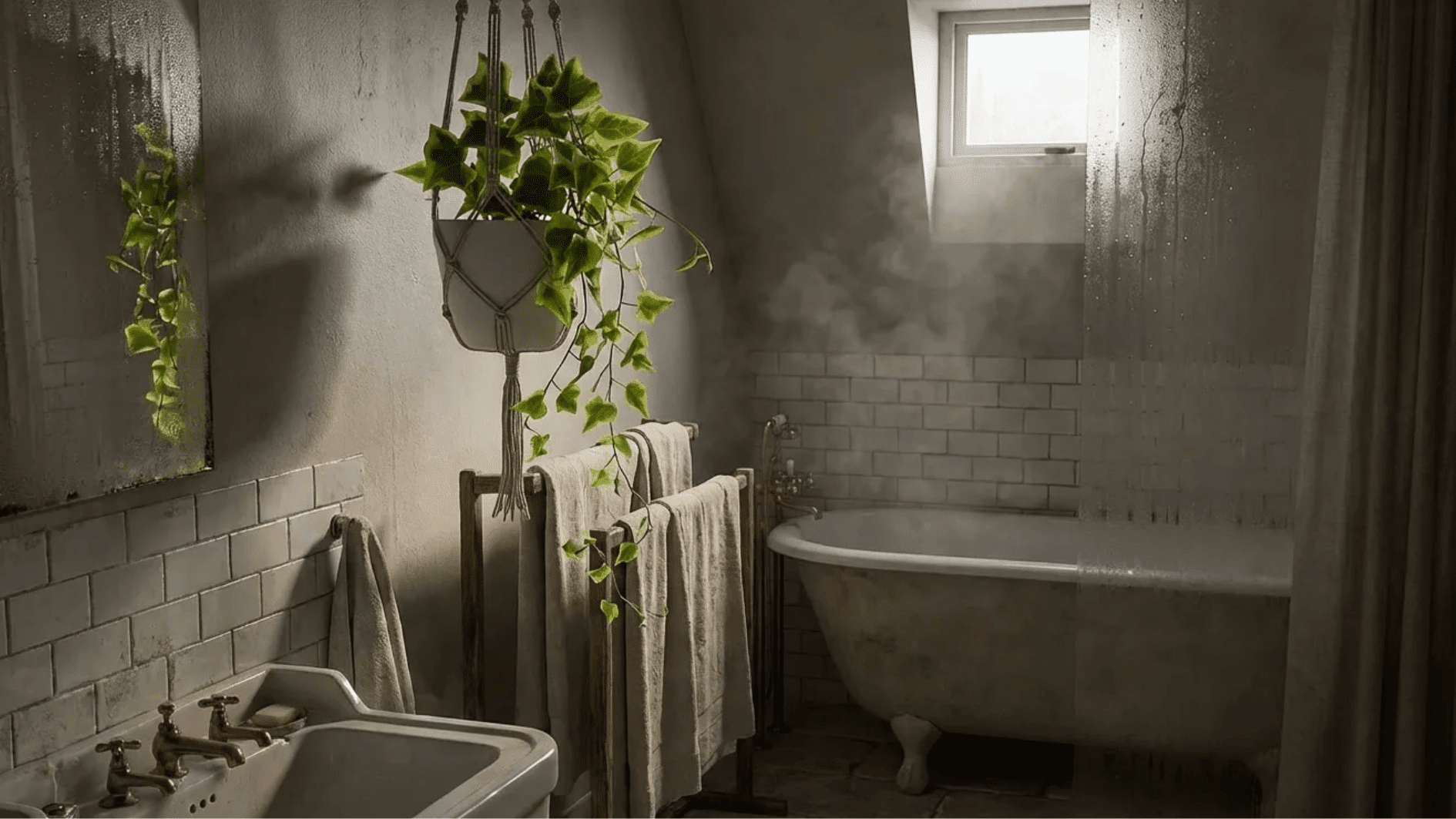 hanging english ivy plant in macrame holder in vintage bathroom with clawfoot tub, soft window light, and steam in air