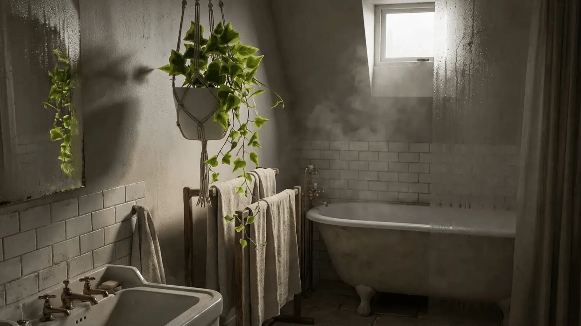 hanging english ivy plant in macrame holder in vintage bathroom with clawfoot tub, soft window light, and steam in air