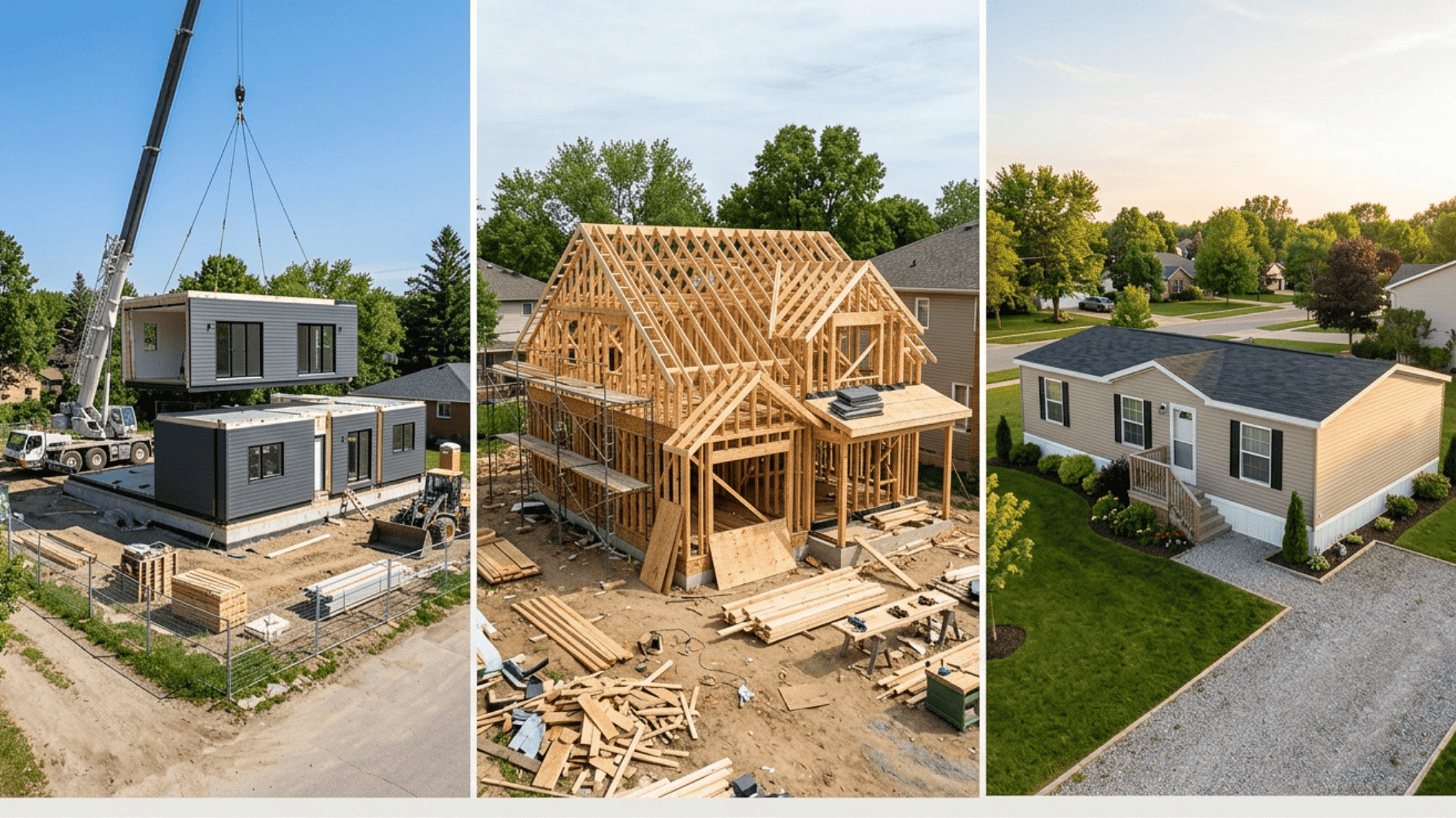 home construction process modular prefab framing and finished house comparison residential building stages