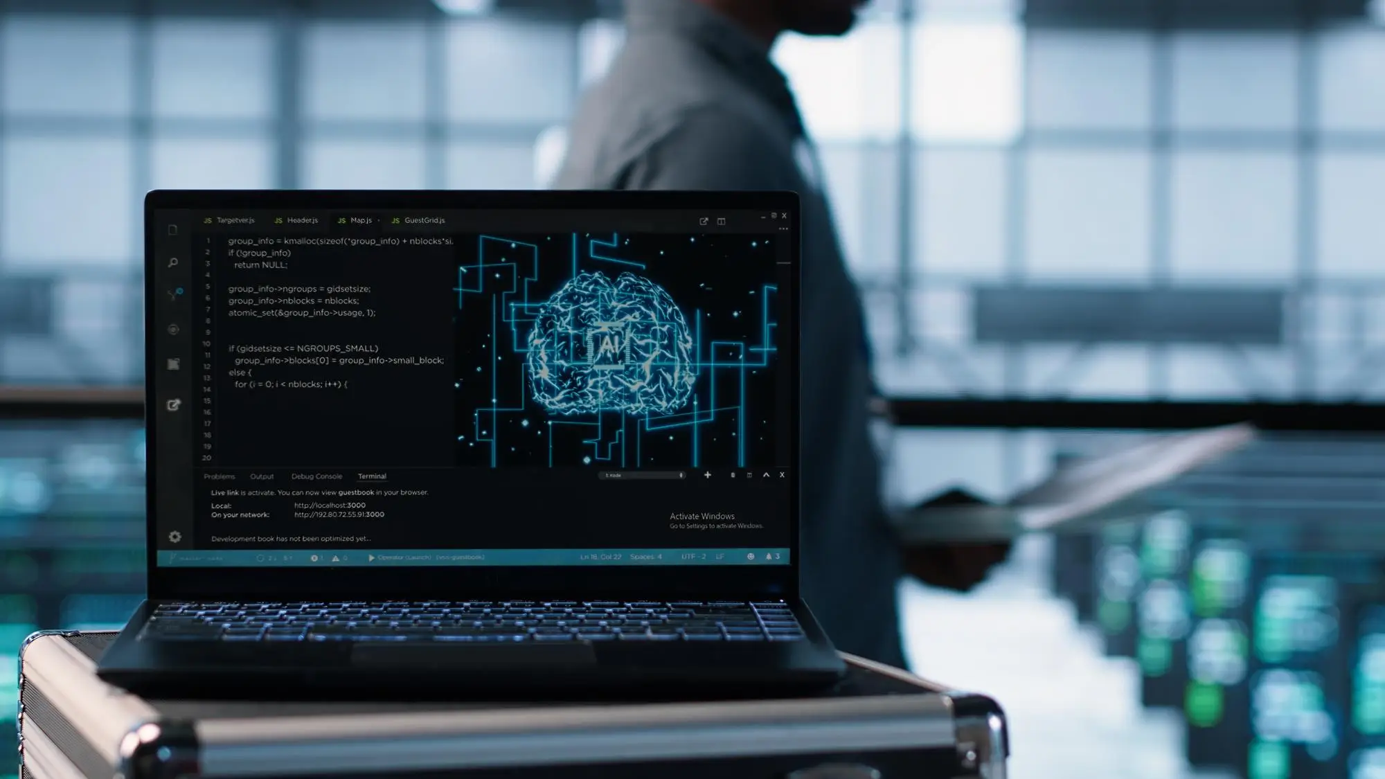 Laptop displaying AI neural network open on metal stand in futuristic office setting