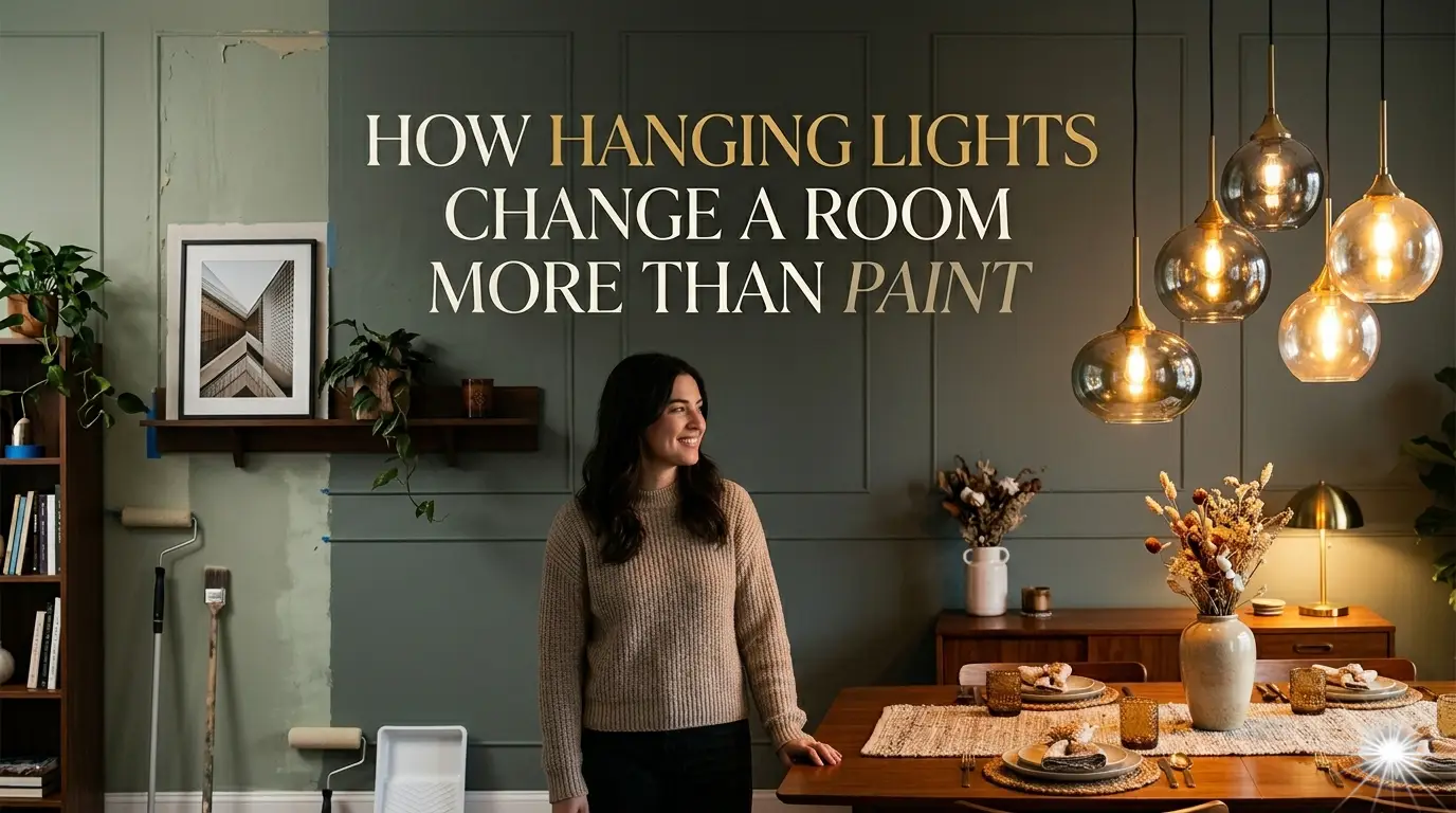Woman in cozy sweater standing by dining table with pendant lights and decorative plants