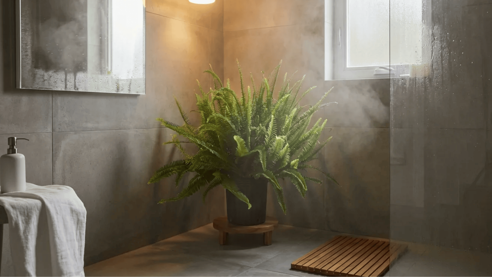 kimberly queen fern in pot on bathroom floor near shower, dense upright fronds thriving in warm humid air