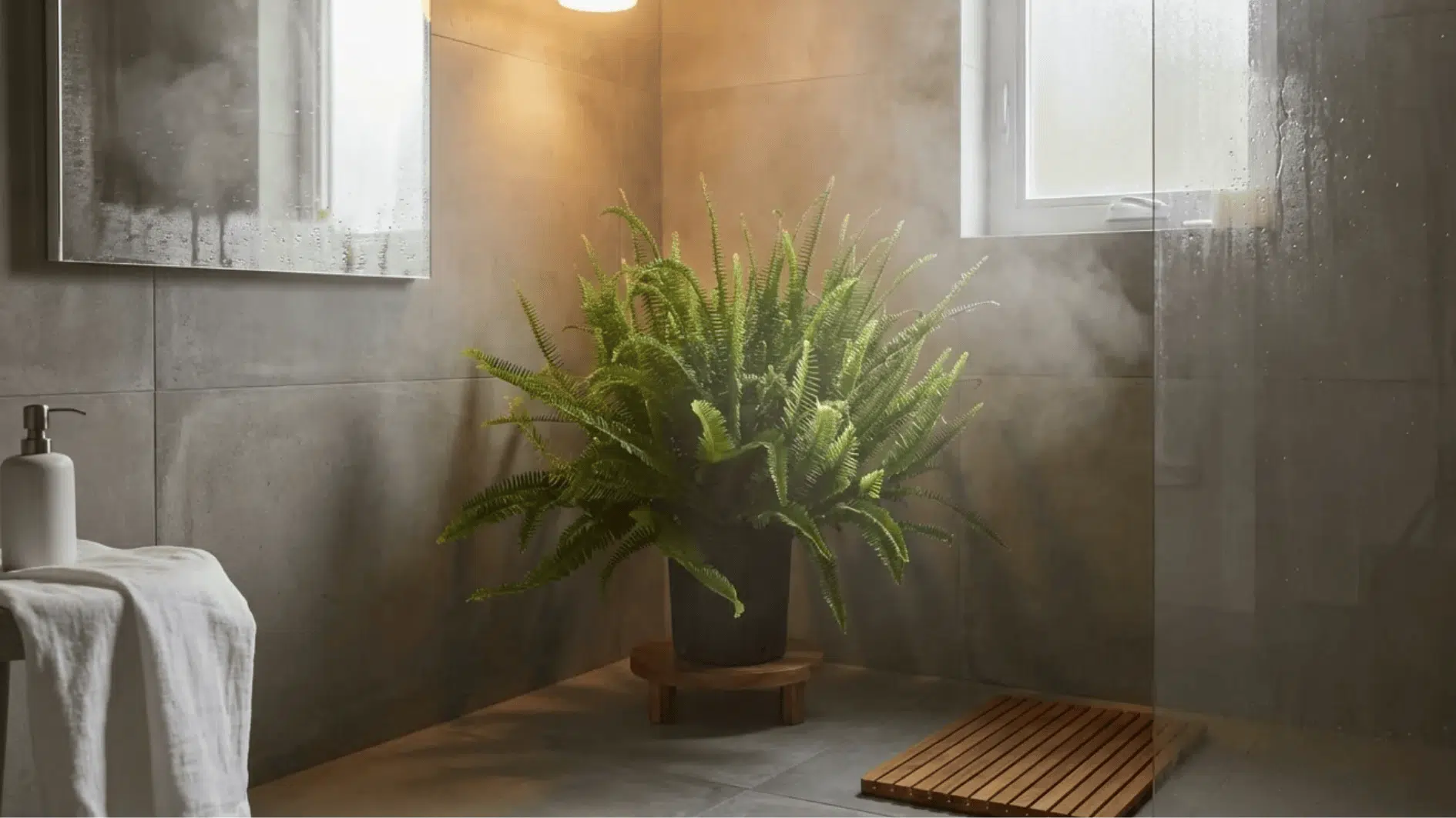 kimberly queen fern in pot on bathroom floor near shower, dense upright fronds thriving in warm humid air