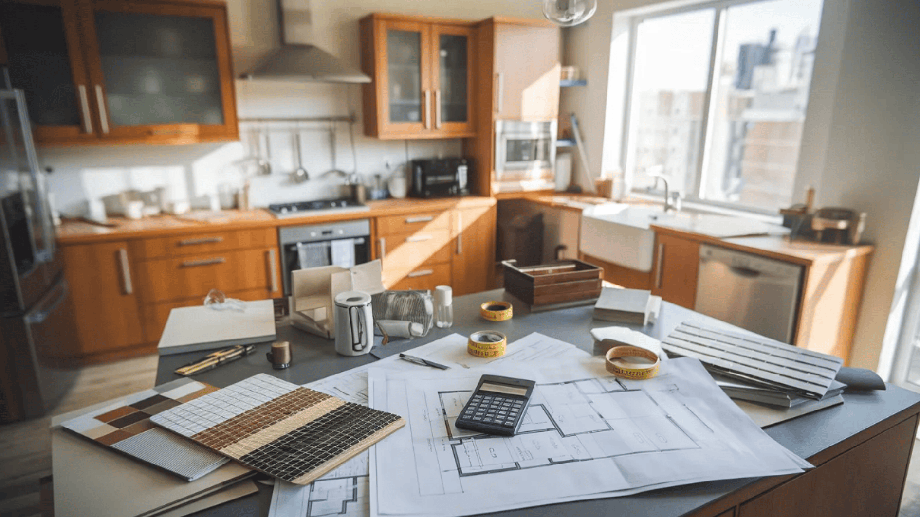 kitchen remodel planning scene with blueprints, calculator, tile samples, and measuring tape on island in modern kitchen
