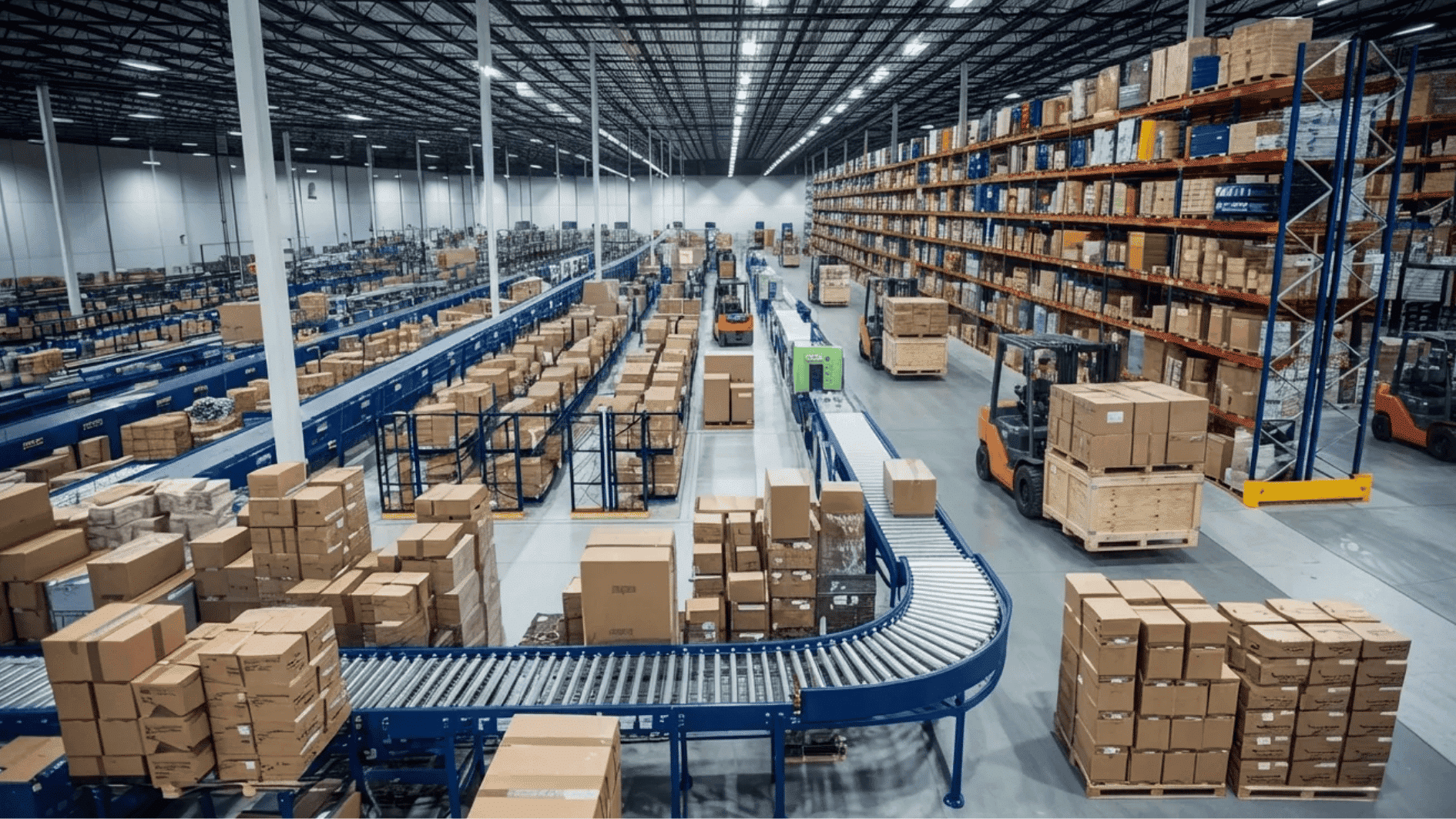 large warehouse with conveyor belts, stacked boxes, and forklifts moving goods through organized storage and distribution area