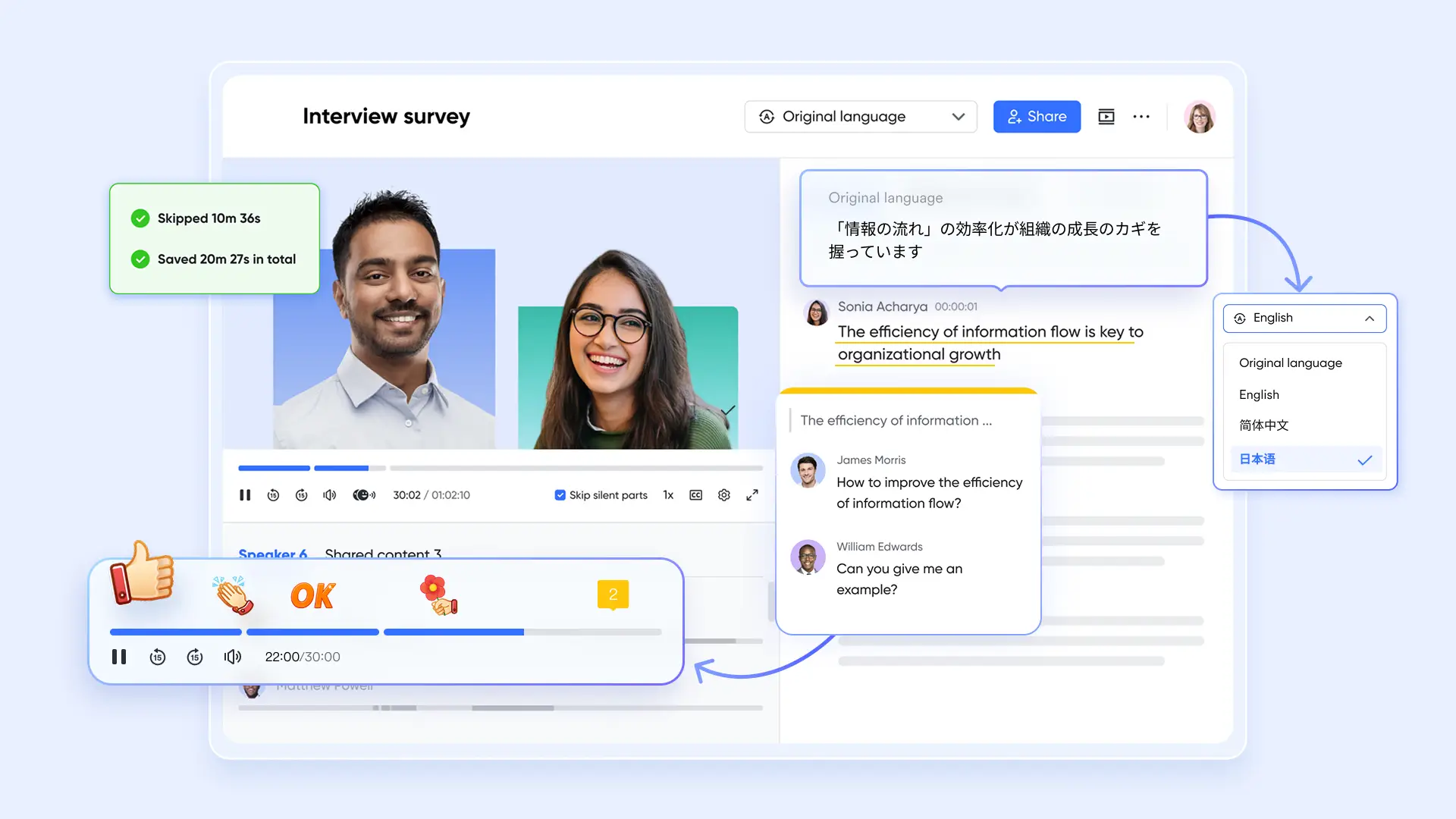 Interface showing an interview with video call participants and language translation options