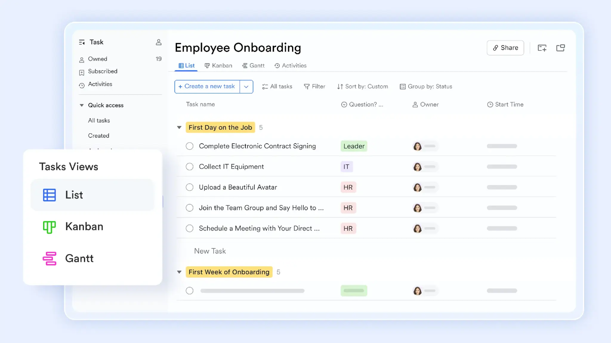 Digital task management interface showing employee onboarding checklist and task view options