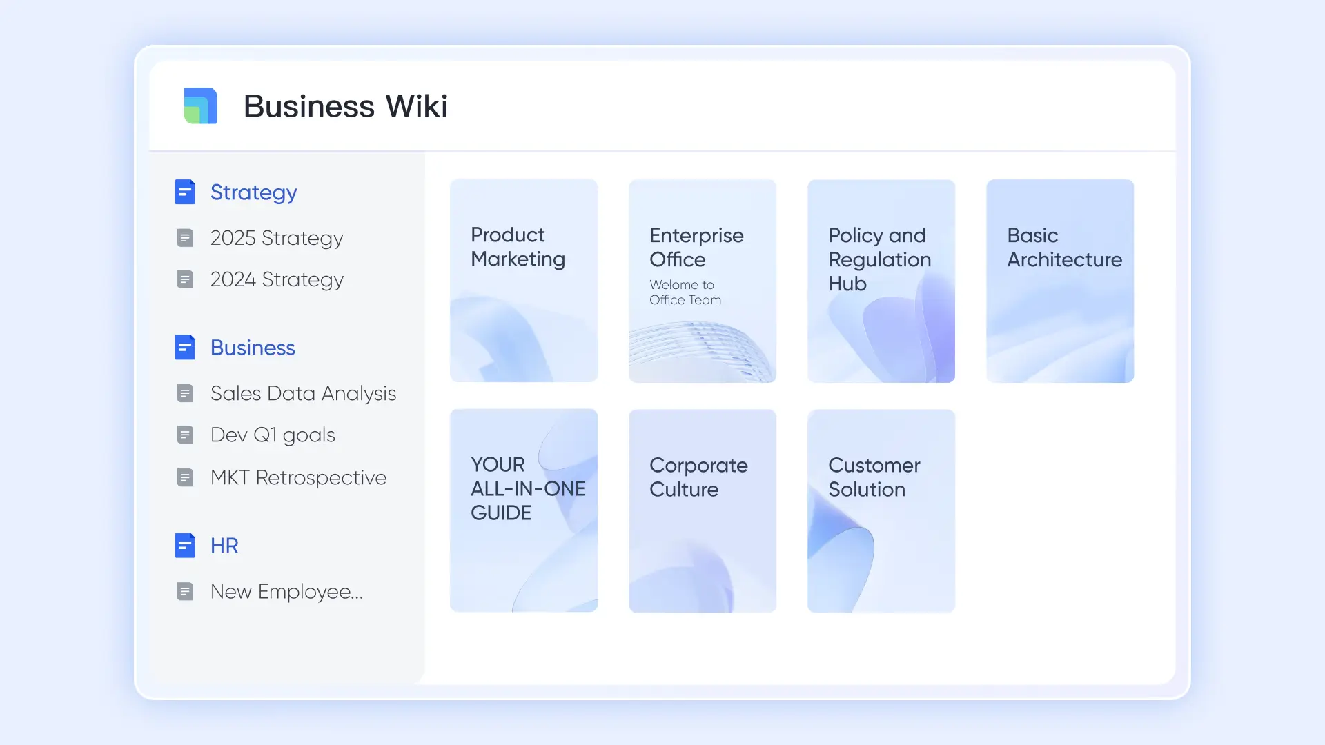 Business wiki interface displaying strategy and business sections with various options in a light blue theme