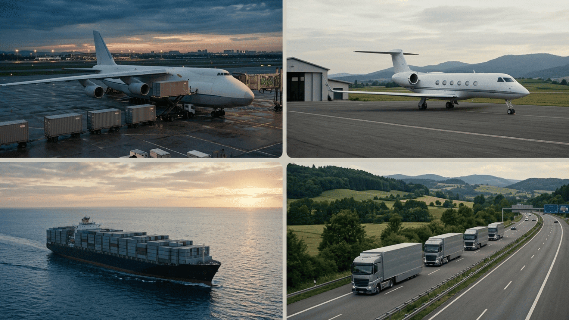logistics transportation modes cargo plane private jet container ship trucks highway freight transport collage