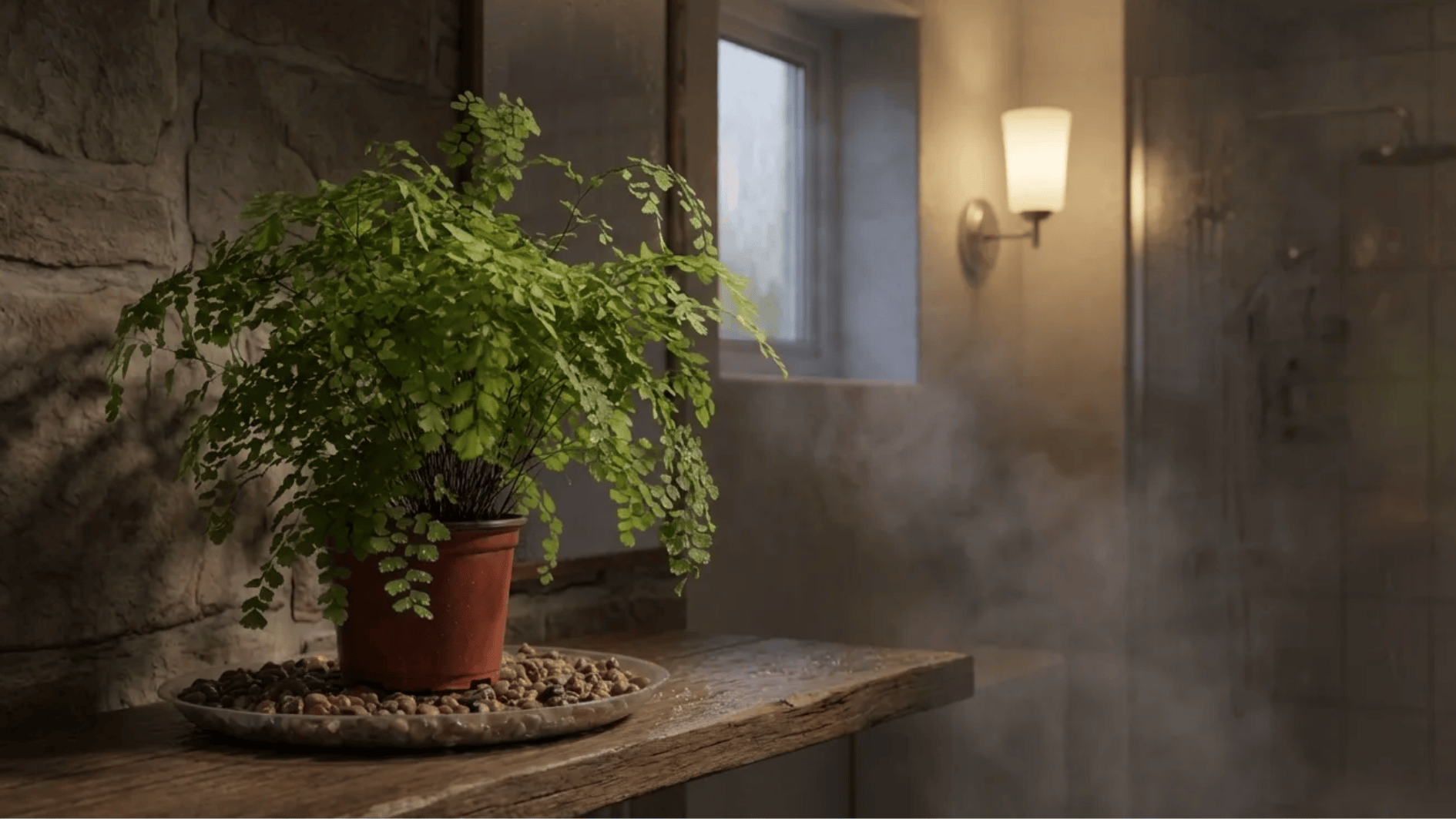 maidenhair fern in terracotta pot on rustic bathroom shelf, delicate bright green fronds thriving in humid air
