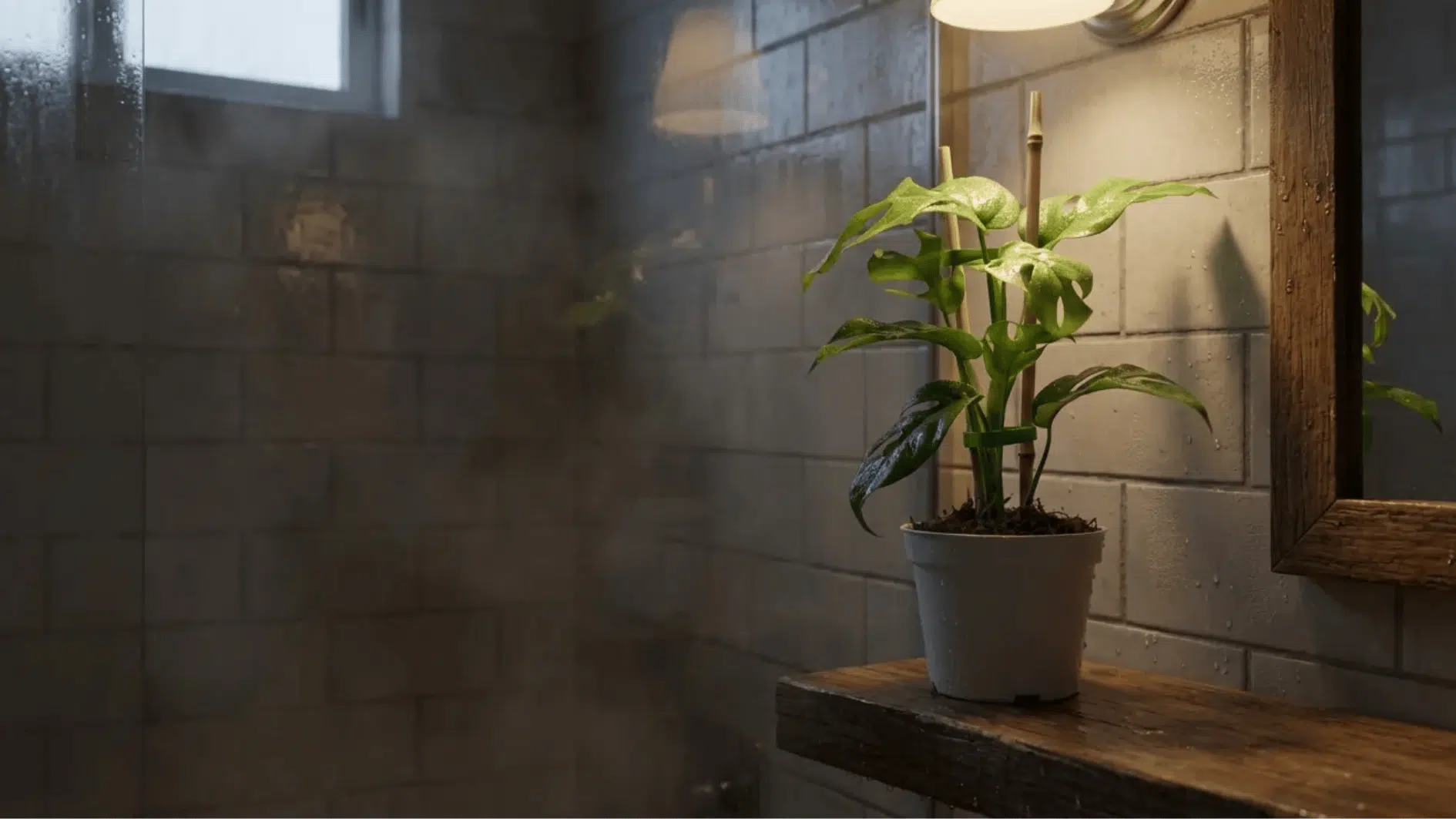 mini monstera plant in small pot on wooden bathroom shelf, glossy split leaves thriving in warm humid light