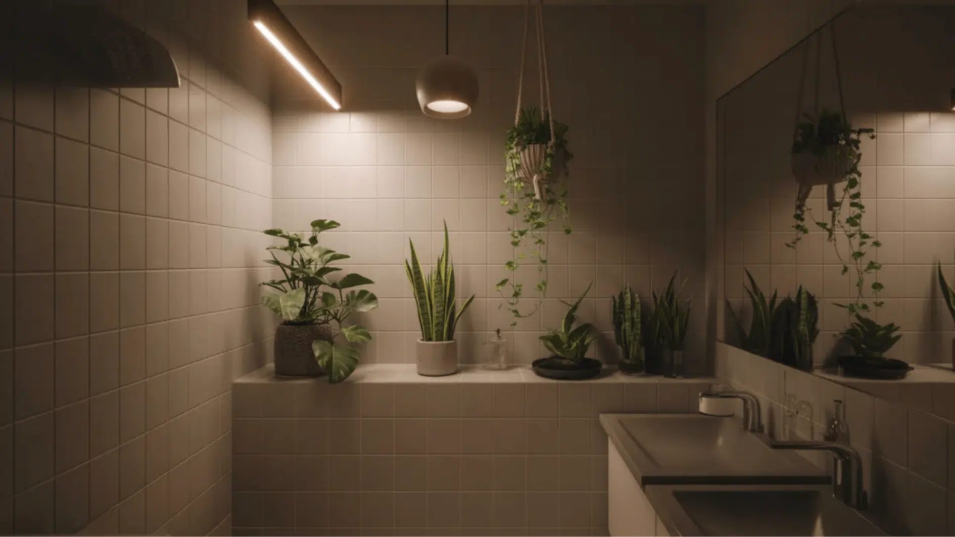 modern bathroom with low light plants including snake plant, pothos and monstera on tiled shelf and hanging planter décor