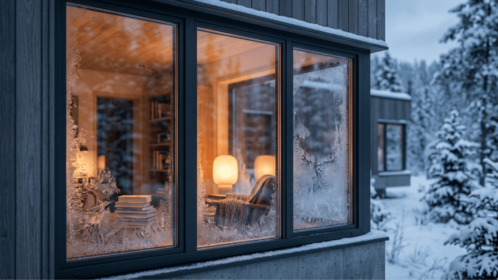 modern black framed insulated windows winter snow exterior warm cozy interior energy efficient
