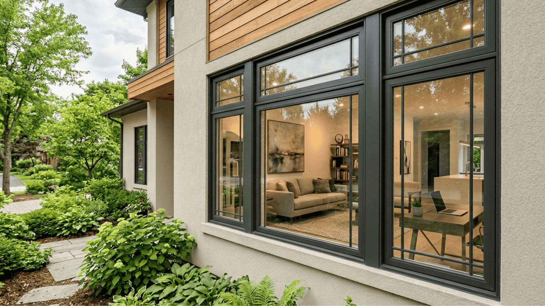 modern home exterior large energy efficient windows black frame insulated windows landscaping eco friendly house