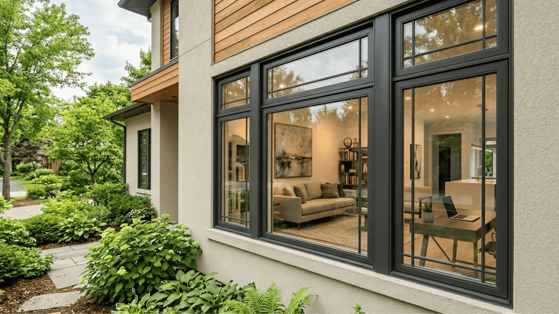 modern home exterior large energy efficient windows black frame insulated windows landscaping eco friendly house