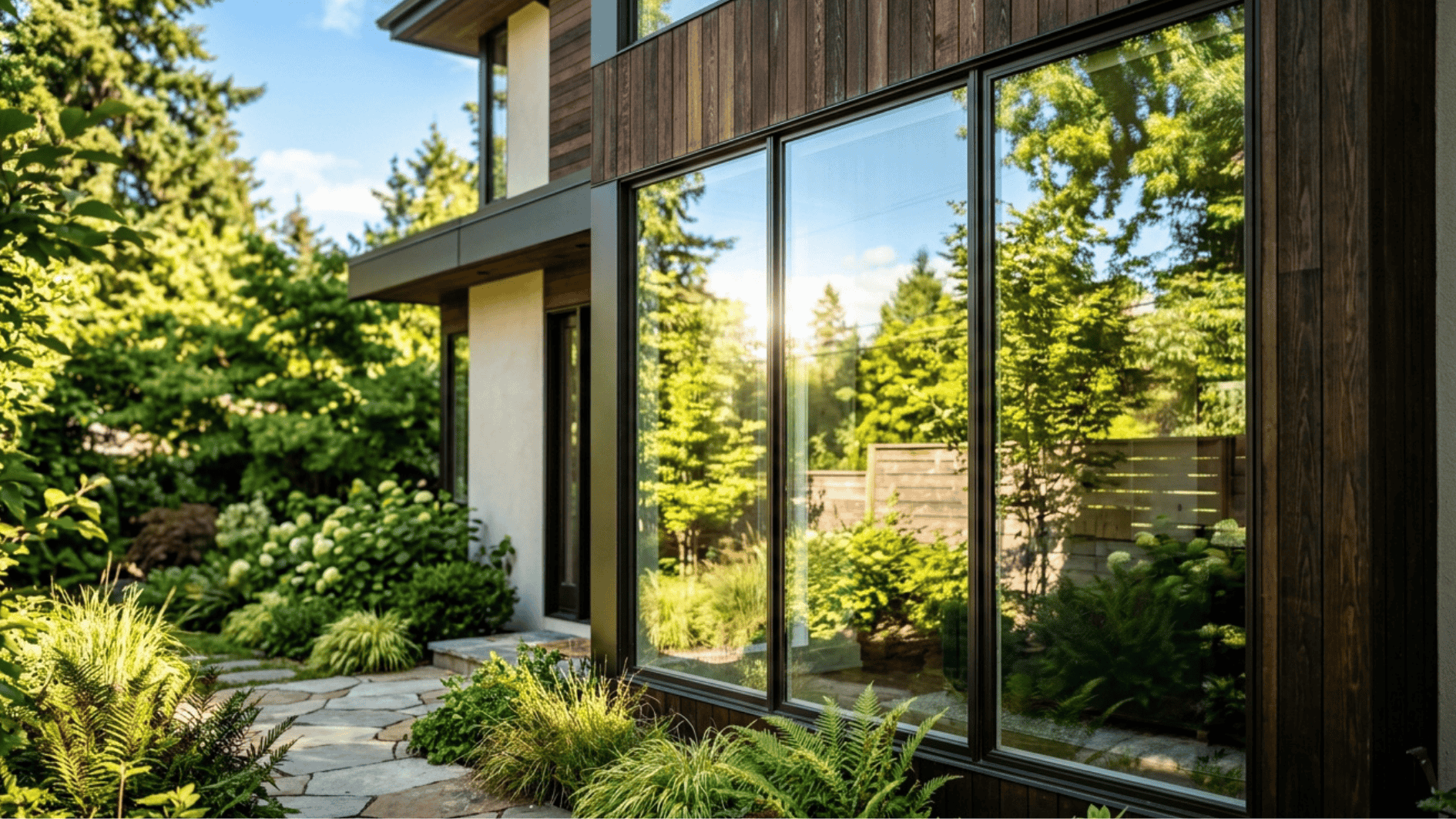 modern home large glass windows exterior wood siding contemporary architecture garden
