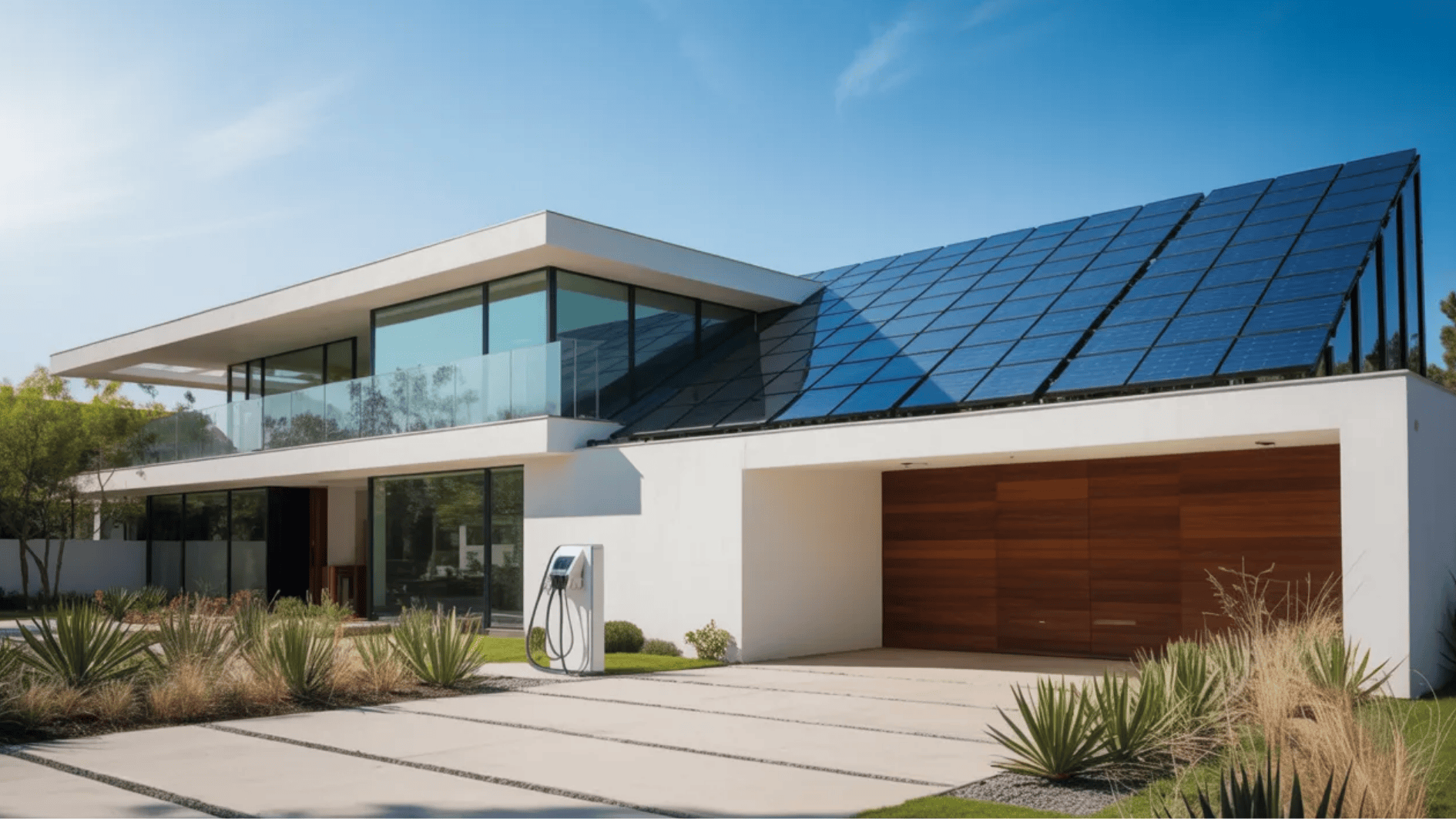 modern home with rooftop solar panels, glass balcony, electric vehicle charger, and landscaped driveway under blue sky