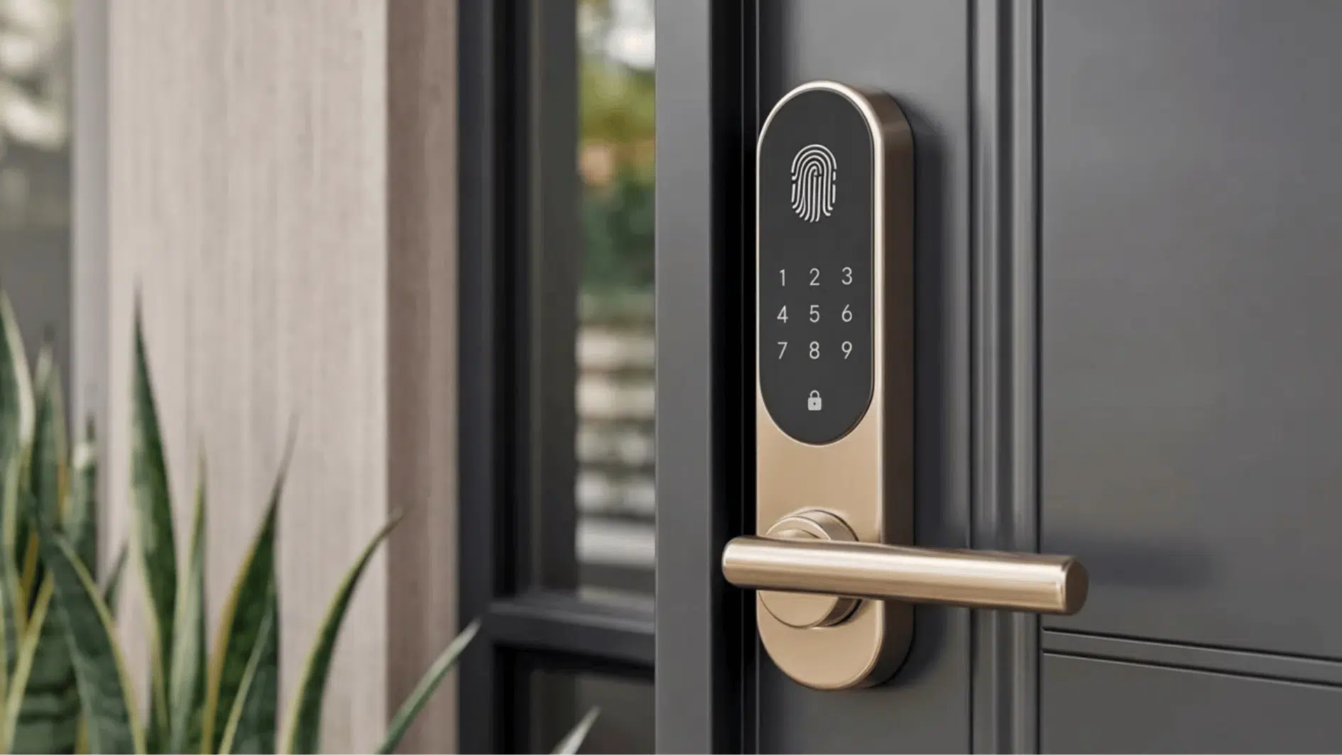 modern house entry door with a golden smart lock featuring a keyless entry and remote locking