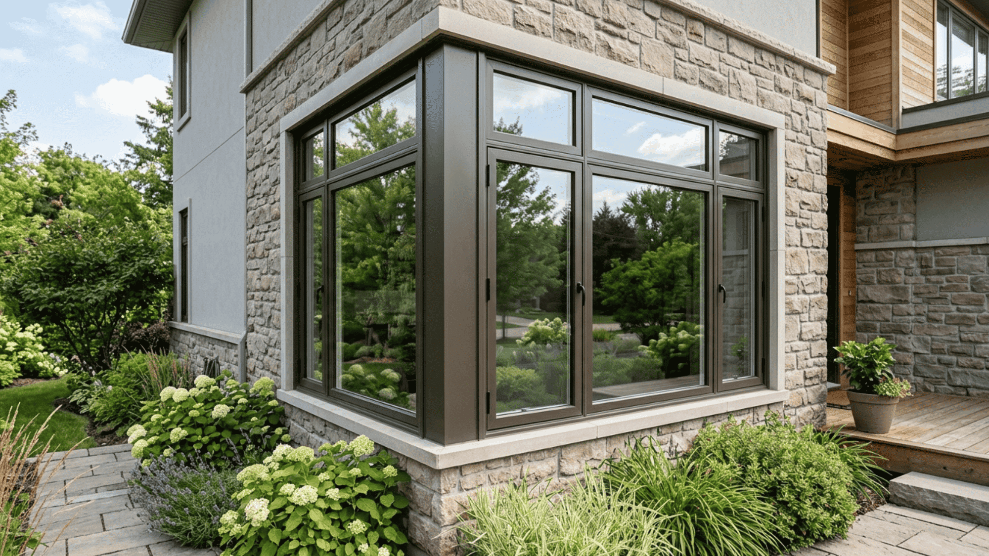 modern stone house corner with large dark framed windows, landscaped garden beds and paved walkway in daylight