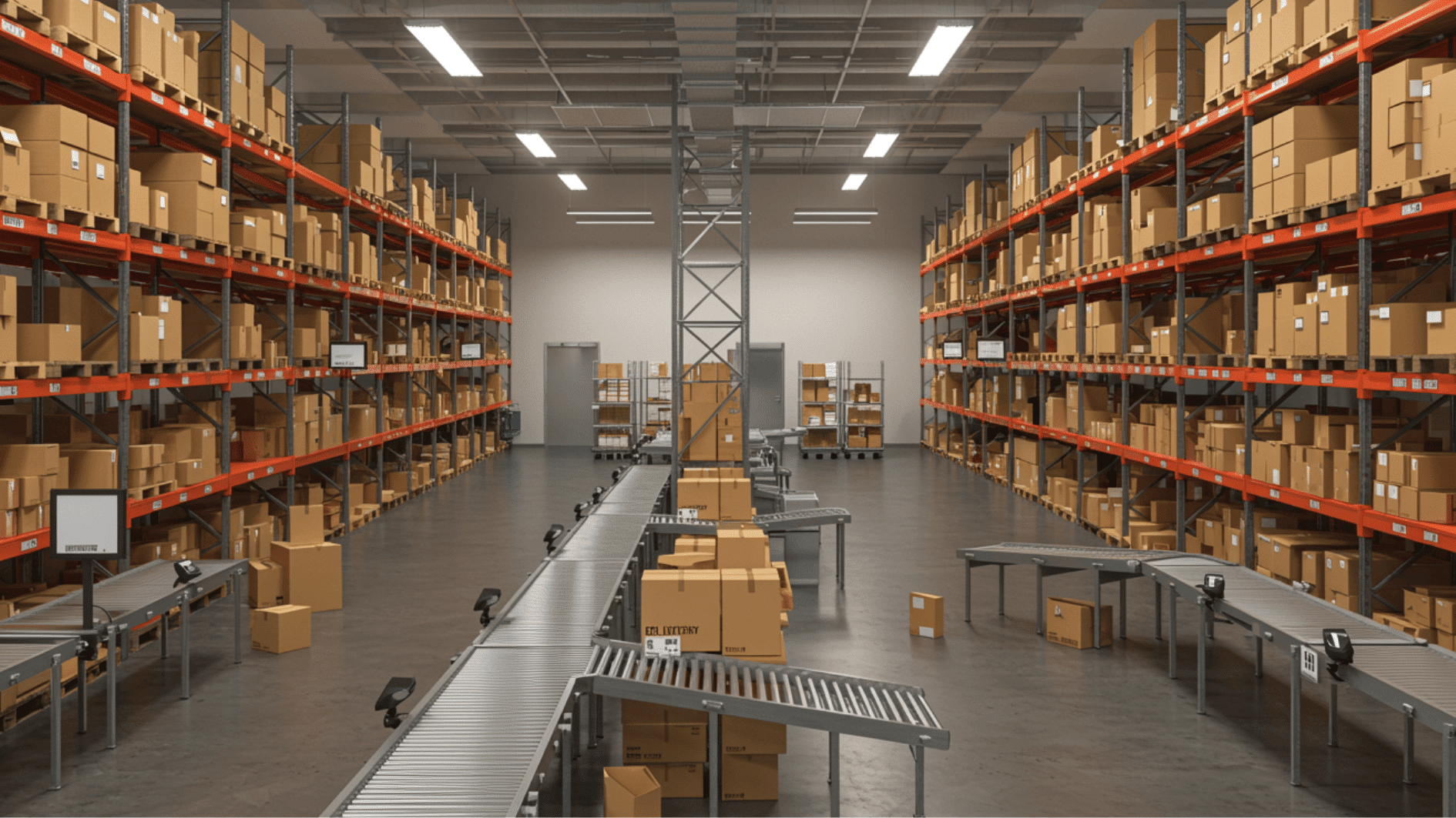 modern warehouse with shelves of boxes and conveyor belts for packing and order fulfillment operations