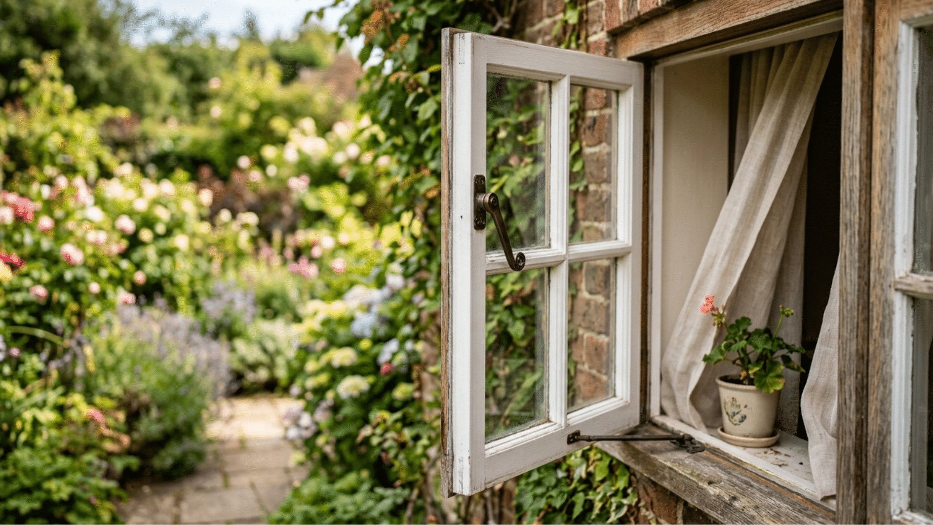 open casement window brick house garden view fresh air natural light home