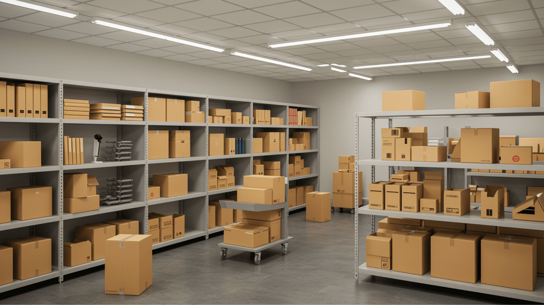 organized warehouse shelves with labeled boxes and packing area for inventory storage and order fulfillment