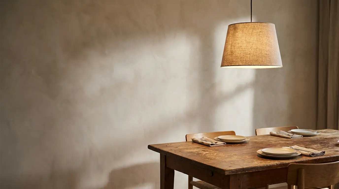 Dining table with plates and napkins under a warm-toned pendant light in cozy setting