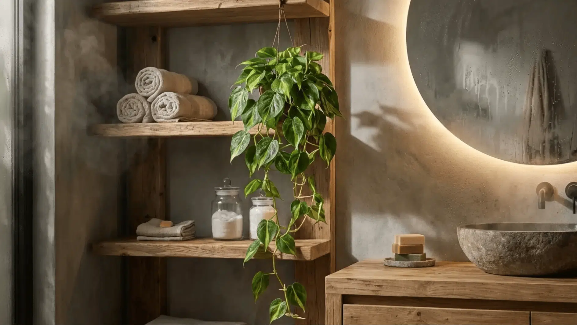 philodendron brasil hanging beside wooden bathroom shelves with towels and jars, adding lush trailing greenery to warm space